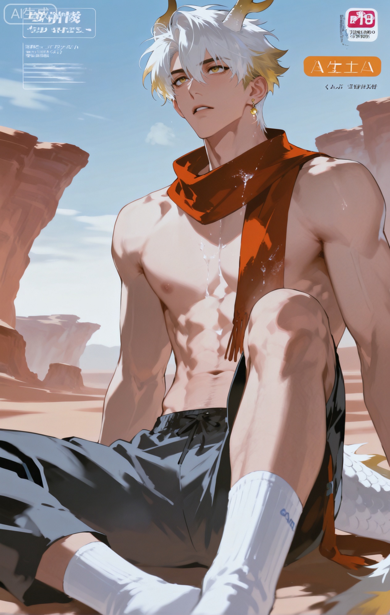 Small note art style,,xiaozhitiao,yu xuan,multicolored hair,White dragon tail,White dragon horns,yellow eyes,white hair,blonde hair,1boy,bangs
,socks,white socks

(artist:mazjojo:0.53),(artist:pigeon666:0.37),(artist:zawar379:0.57),(artist:remsrar:0.35),(artist:yoneyama mai:0.64),(yokoyari mengo:0.6),1boy,male focus,solo,hair between eyes,looking up,parted lips,(suggestive, erotic),topless,wearing only tattered linen pants and a red scarf around his neck,sitting in the shadow of a large rock,pouring water from a waterskin over his face and chest,water dripping down his pectorals,pectorals, abs,magazine cover,from below,short hair,alternate costume,single earring,two - tone background,blurry foreground,foreshortening,text background,copyright name,cover page,vast desert landscape,harsh sunlight,heat haze,orange and blue sky, the tattered linen pants are in a light beige color with frayed edges, the red scarf is silk - like and fluttering slightly in the desert breeze, the waterskin is made of brown leather with a metal spout