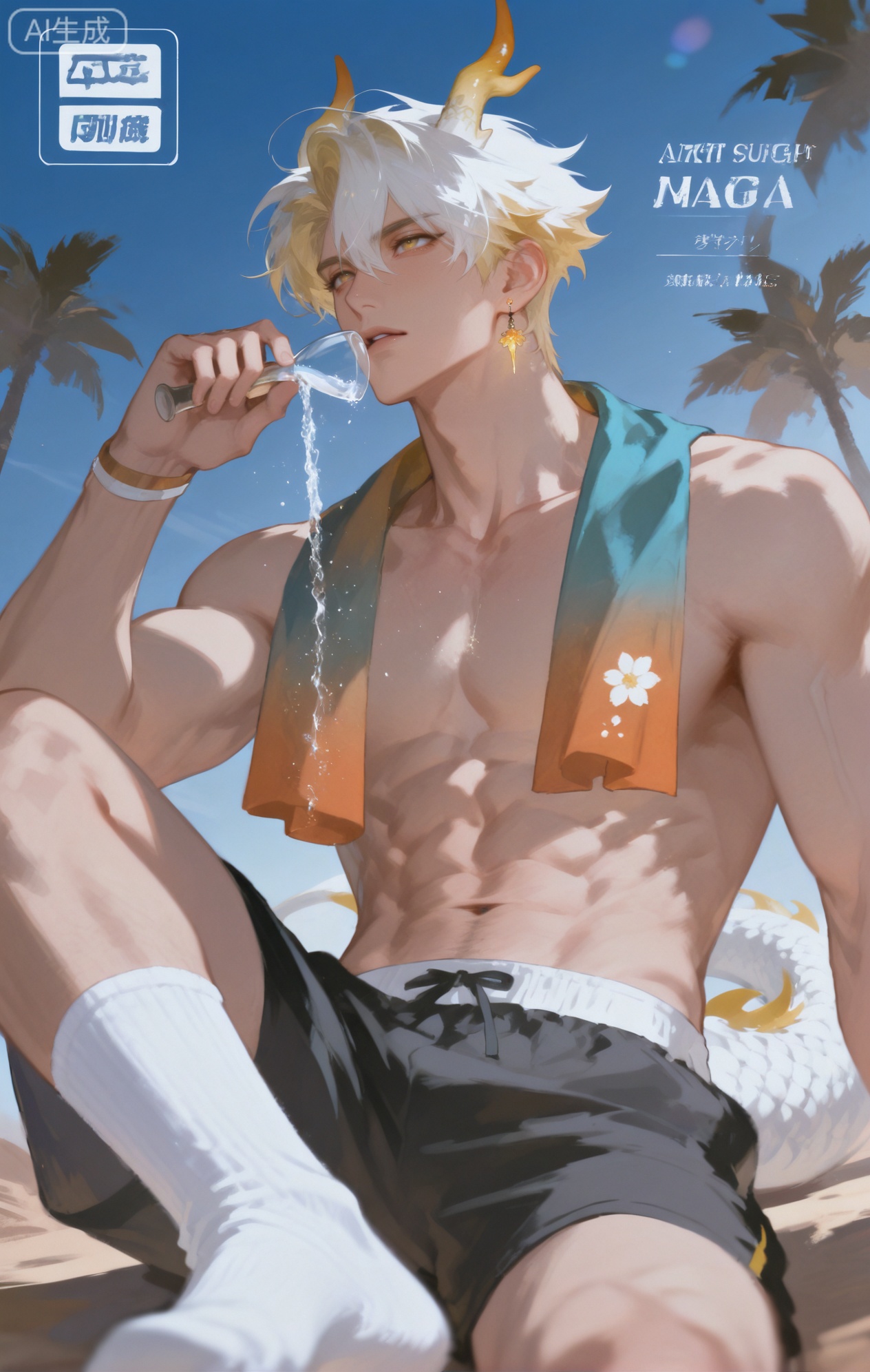 Small note art style,,xiaozhitiao,yu xuan,multicolored hair,White dragon tail,White dragon horns,yellow eyes,white hair,blonde hair,1boy,bangs
,socks,white socks,dianmei

(artist:mazjojo:0.53),(artist:pigeon666:0.37),(artist:zawar379:0.57),(artist:remsrar:0.35),(artist:yoneyama mai:0.64),(yokoyari mengo:0.6),1boy,male focus,solo,hair between eyes,looking up,parted lips,(suggestive, erotic),topless,wearing only tattered linen pants with delicate floral embroidery and a red, velvety scarf around his neck,sitting in the shadow of a large, smooth - surfaced rock,pouring water from a silver - embossed waterskin over his face and broad pectorals,emphasizing his six - pack abs,magazine cover,from below,short hair with a hint of curl,alternate costume,single crystal - earring,two - tone background of pastel yellow and dark purple,blurry foreground of a blooming desert flower,foreshortening,text background,copyright name,cover page,vast desert landscape,harsh sunlight highlighting the colors,heat haze making the air seem thick,orange and blue sky with a rainbow - like mirage in the far - off distance