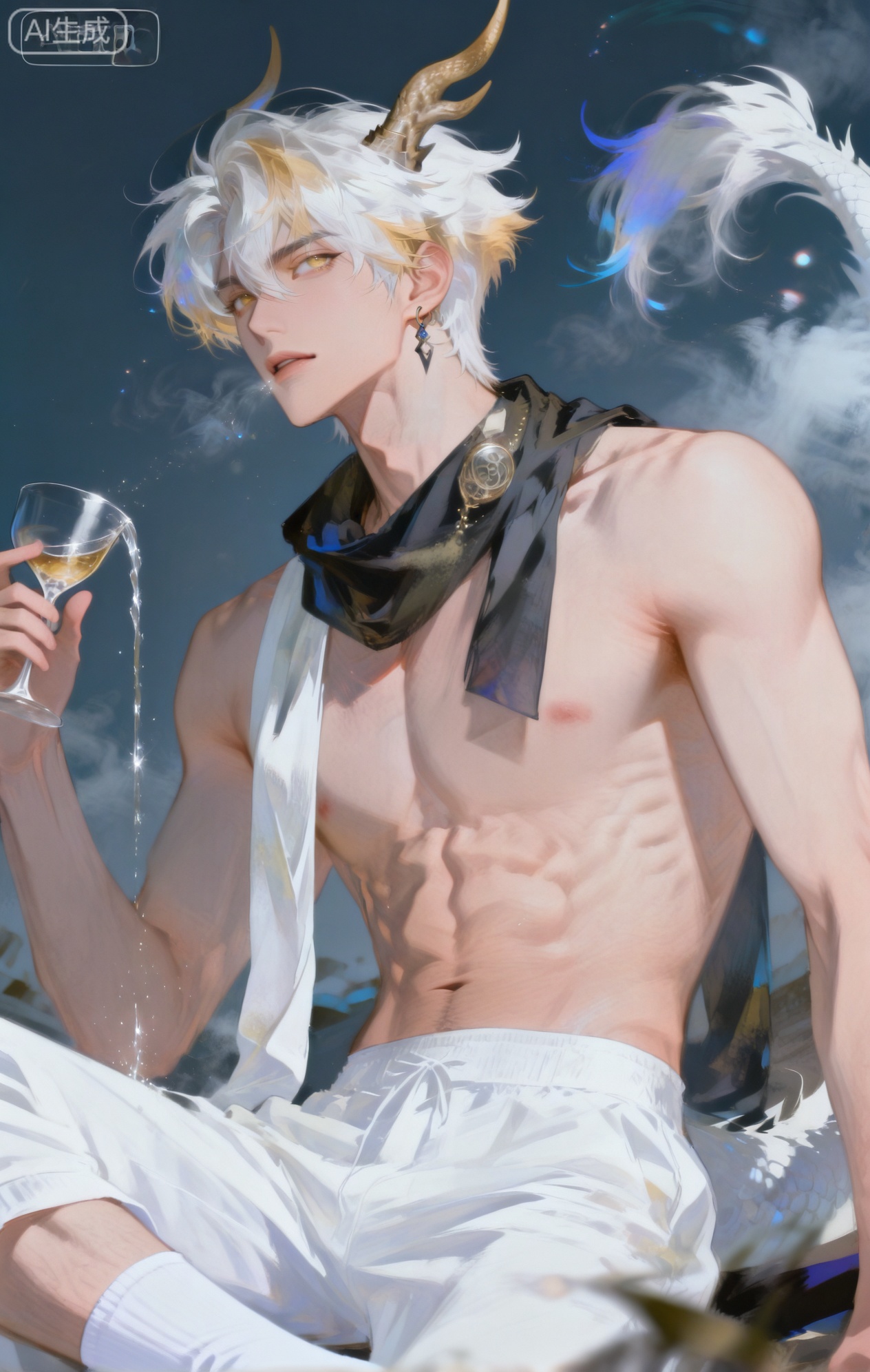 Small note art style,,xiaozhitiao,yu xuan,multicolored hair,White dragon tail,White dragon horns,yellow eyes,white hair,blonde hair,1boy,bangs
,socks,white socks,dianmei

(artist:mazjojo:0.53),(artist:pigeon666:0.37),(artist:zawar379:0.57),(artist:remsrar:0.35),(artist:yoneyama mai:0.64),(yokoyari mengo:0.6),1boy,male focus,solo,hair between eyes,looking up,parted lips,(suggestive, erotic),topless,wearing only tattered linen pants made of different fabric patches sewn together and a red, fringed woolen scarf around his neck,sitting in the shadow of a large, uneven rock,pouring water from a glass - stoppered waterskin over his face and well - formed pectorals,water glistening on his abs,magazine cover,from below,short hair with a faded blue streak,alternate costume,single leather - cord earring,two - tone background of light peach and dark brown,blurry foreground of a discarded canteen,foreshortening,text background,copyright name,cover page,vast desert landscape,harsh sunlight casting deep shadows,heat haze making the air shimmer,orange and blue sky with a dust devil spinning in the distance