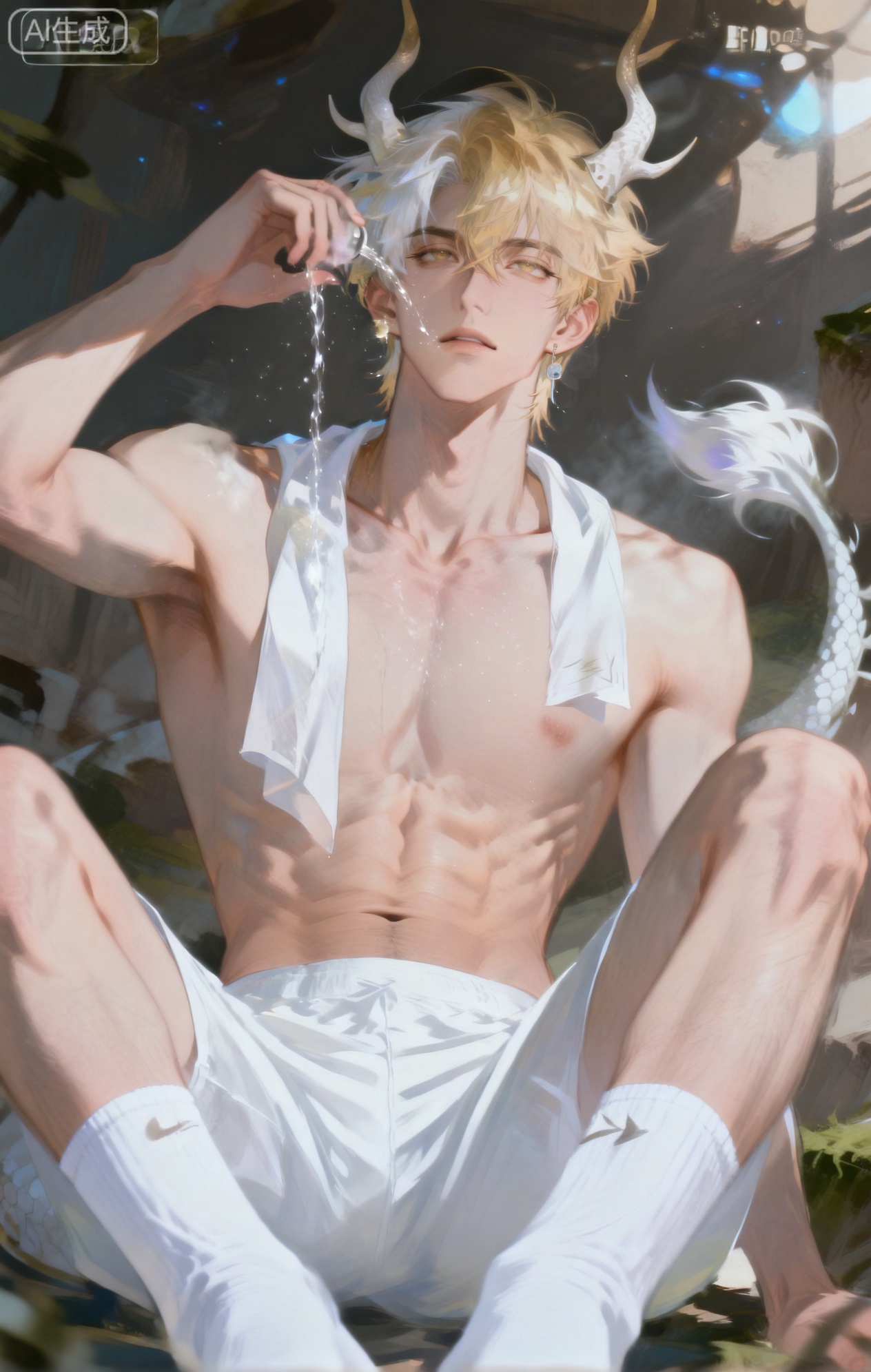 Small note art style,,xiaozhitiao,yu xuan,multicolored hair,White dragon tail,White dragon horns,yellow eyes,white hair,blonde hair,1boy,bangs
,socks,white socks,dianmei

(artist:mazjojo:0.53),(artist:pigeon666:0.37),(artist:zawar379:0.57),(artist:remsrar:0.35),(artist:yoneyama mai:0.64),(yokoyari mengo:0.6),1boy,male focus,solo,hair between eyes,looking up,parted lips,(suggestive, erotic),topless,wearing only tattered linen pants with a vintage - style print and a red, brocade scarf around his neck,sitting in the shadow of a large, moss - covered rock (despite the desert, a small patch of unique growth),pouring water from a porcelain - like waterskin over his face and strong chest,accentuating his pectoral muscles and defined abs,magazine cover,from below,short hair in a pompadour style,alternate costume,single cameo - earring,two - tone background of light teal and dark crimson,blurry foreground of an old - fashioned compass,foreshortening,text background,copyright name,cover page,vast desert landscape,harsh sunlight creating a chiaroscuro effect,heat haze giving a hazy appearance,orange and blue sky with a cloud formation resembling a mythical creature