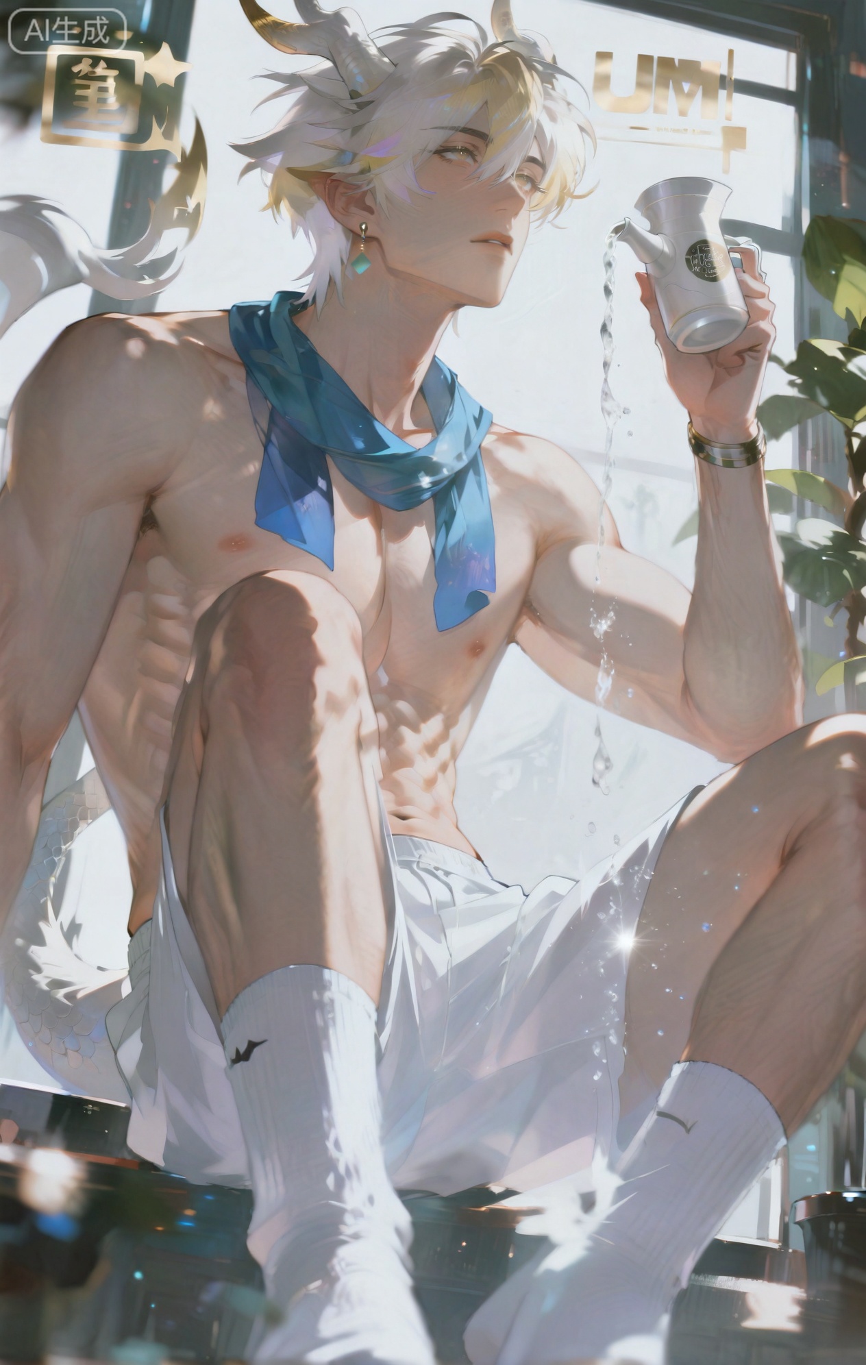 Small note art style,,xiaozhitiao,yu xuan,multicolored hair,White dragon tail,White dragon horns,yellow eyes,white hair,blonde hair,1boy,bangs
,socks,white socks,dianmei

(artist:mazjojo:0.53),(artist:pigeon666:0.37),(artist:zawar379:0.57),(artist:remsrar:0.35),(artist:yoneyama mai:0.64),(yokoyari mengo:0.6),1boy,male focus,solo,hair between eyes,looking up,parted lips,(suggestive, erotic),topless,wearing only tattered linen pants and a red scarf around his neck,sitting on the windowsill of a small bedroom, sunlight streaming in,pouring water from a small pitcher over his face and chest,highlighting his pectorals and abs,magazine cover,from below,short hair,gelled to one side,alternate costume,single earring,two - tone background of soft blue and white,blurry foreground with a potted plant,foreshortening,text background,copyright name,cover page,a bed with rumpled sheets behind him and a stack of books on the floor