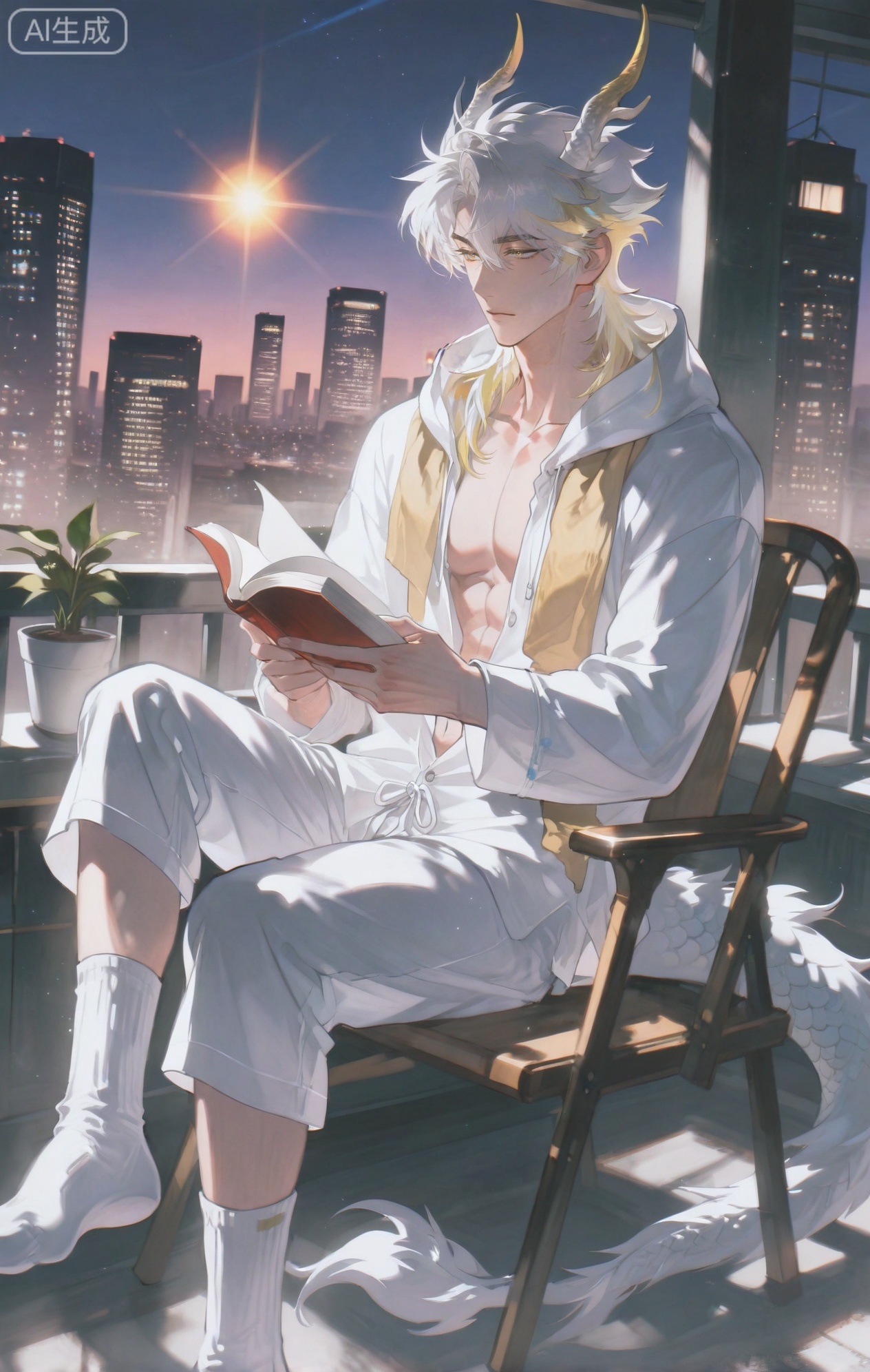 Small note art style,,xiaozhitiao,yu xuan,multicolored hair,White dragon tail,White dragon horns,yellow eyes,white hair,blonde hair,1boy,bangs
,socks,white socks,dianmei

(artist:mazjojo:0.53),(artist:pigeon666:0.37),(artist:zawar379:0.57),(artist:remsrar:0.35),(artist:yoneyama mai:0.64),(yokoyari mengo:0.6),1boy,male focus,solo,medium - length hair,hooded pajamas,hood down, a beige scarf draped around his neck, defined abs visible as he sits on a balcony chair, legs crossed. He's holding an open book in one hand, looking out at the city skyline, lost in thought. The balcony is decorated with potted plants, and the sun is setting, casting an orange - pink glow over everything.