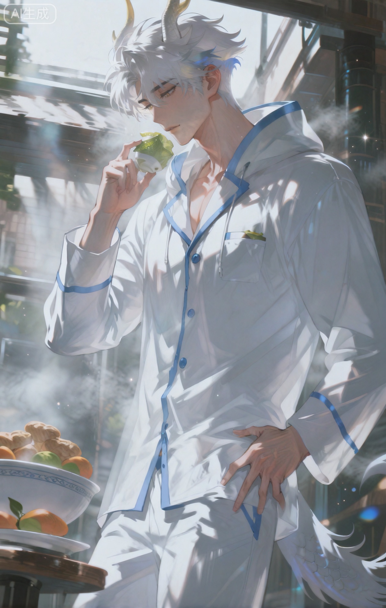 Small note art style,,xiaozhitiao,yu xuan,multicolored hair,White dragon tail,White dragon horns,yellow eyes,white hair,blonde hair,1boy,bangs
,socks,white socks,dianmei

(artist:mazjojo:0.53),(artist:pigeon666:0.37),(artist:zawar379:0.57),(artist:remsrar:0.35),(artist:yoneyama mai:0.64),(yokoyari mengo:0.6),1boy,male focus,solo,short hair,hooded pajamas,hood pulled up,red scarf loosely wrapped around neck,well - defined abs,standing in a cozy courtyard, morning sunlight filtering through trees, a table set with a plate of freshly baked croissants, a cup of steaming coffee, and a bowl of fresh fruit. He's looking down at the food, one hand on his hip, with a relaxed expression, the pajamas are a soft blue cotton, slightly rumpled from sleep.