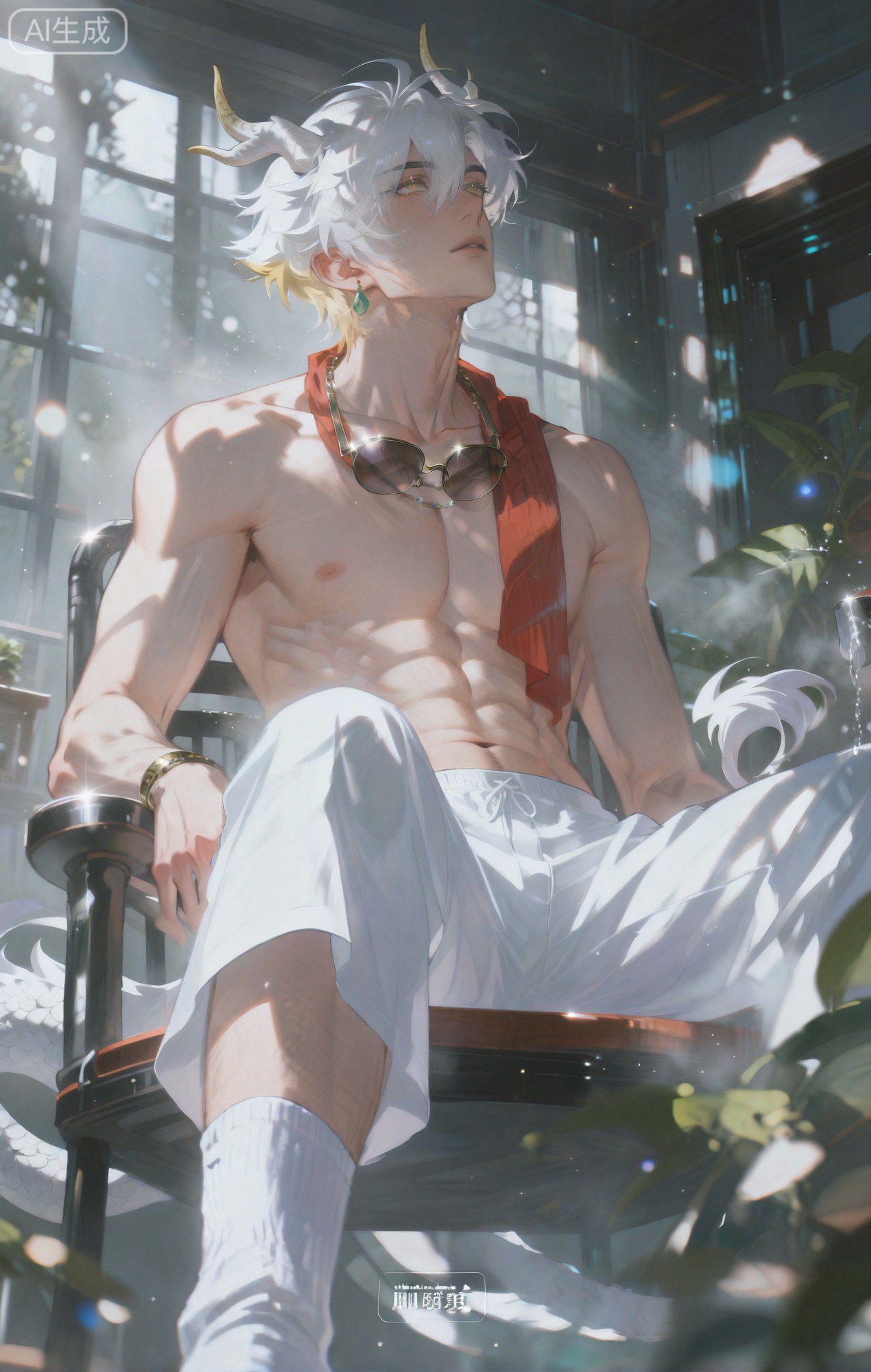 Small note art style,,xiaozhitiao,yu xuan,multicolored hair,White dragon tail,White dragon horns,yellow eyes,white hair,blonde hair,1boy,bangs
,socks,white socks,dianmei

(artist:mazjojo:0.53),(artist:pigeon666:0.37),(artist:zawar379:0.57),(artist:remsrar:0.35),(artist:yoneyama mai:0.64),(yokoyari mengo:0.6),1boy,male focus,solo,hair between eyes,looking up,parted lips,(suggestive, erotic),topless,wearing only tattered linen pants and a red scarf around his neck,sitting on a wicker chair in a sunny sunroom,pouring water from a fancy glass over his face and chest,highlighting his pectorals and abs,magazine cover,from below,short hair, neatly combed,alternate costume,single earring,two - tone background of bright sunlight and green plants,blurry foreground with a small side table,foreshortening,text background,copyright name,cover page,a cup of half - drunk coffee and a pair of sunglasses on the table