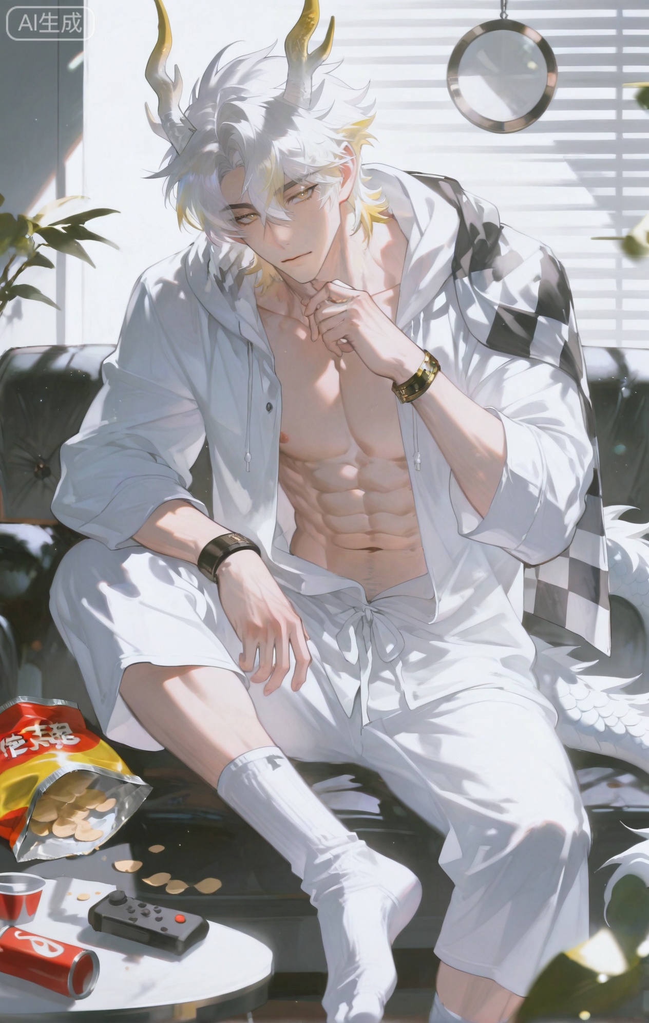 Small note art style,,xiaozhitiao,yu xuan,multicolored hair,White dragon tail,White dragon horns,yellow eyes,white hair,blonde hair,1boy,bangs
,socks,white socks,dianmei

(artist:mazjojo:0.53),(artist:pigeon666:0.37),(artist:zawar379:0.57),(artist:remsrar:0.35),(artist:yoneyama mai:0.64),(yokoyari mengo:0.6),1boy,male focus,solo,short hair,hooded pajamas,hood pushed back, a black and white checkered scarf hanging over his shoulders, six - pack abs showing as he leans forward, intensely focused on a large TV screen. He's sitting on a plush sofa, surrounded by video game controllers, with an open bag of chips and a can of soda on the coffee table in front of him. The room is dimly lit, with the glow from the TV creating a blue - toned atmosphere.

