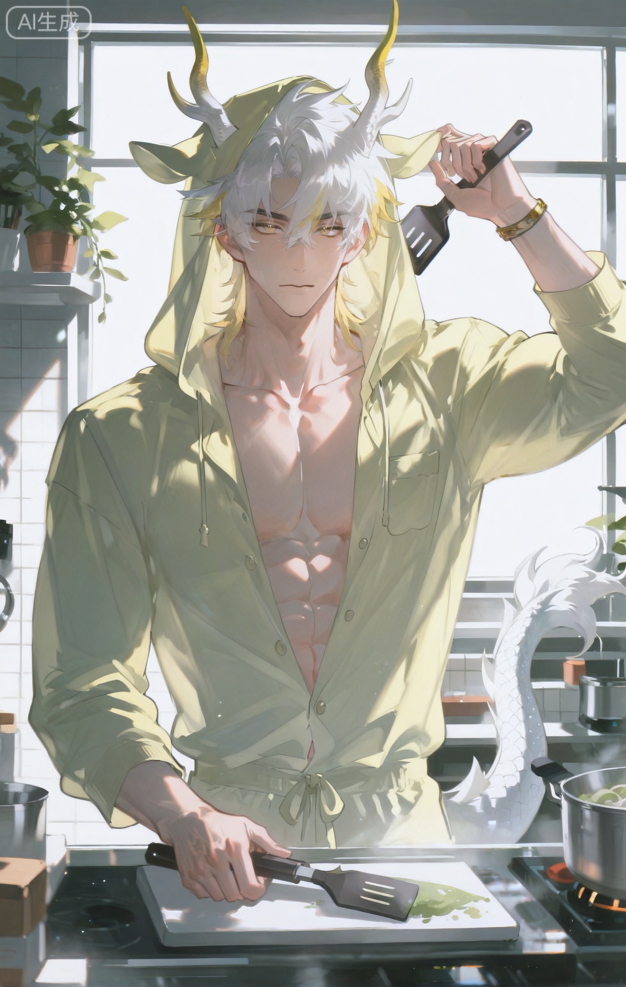 Small note art style,,xiaozhitiao,yu xuan,multicolored hair,White dragon tail,White dragon horns,yellow eyes,white hair,blonde hair,1boy,bangs
,socks,white socks,dianmei

(artist:mazjojo:0.53),(artist:pigeon666:0.37),(artist:zawar379:0.57),(artist:remsrar:0.35),(artist:yoneyama mai:0.64),(yokoyari mengo:0.6),1boy,male focus,solo,short, spiky hair,hooded pajamas,hood up, a green silk scarf tied around his neck, muscular abs on display as he stands in a messy kitchen. He's holding a spatula in one hand, looking at a pan on the stove with a mix of determination and uncertainty. There are ingredients scattered on the counter, and a half - chopped onion sits next to a cutting board.
