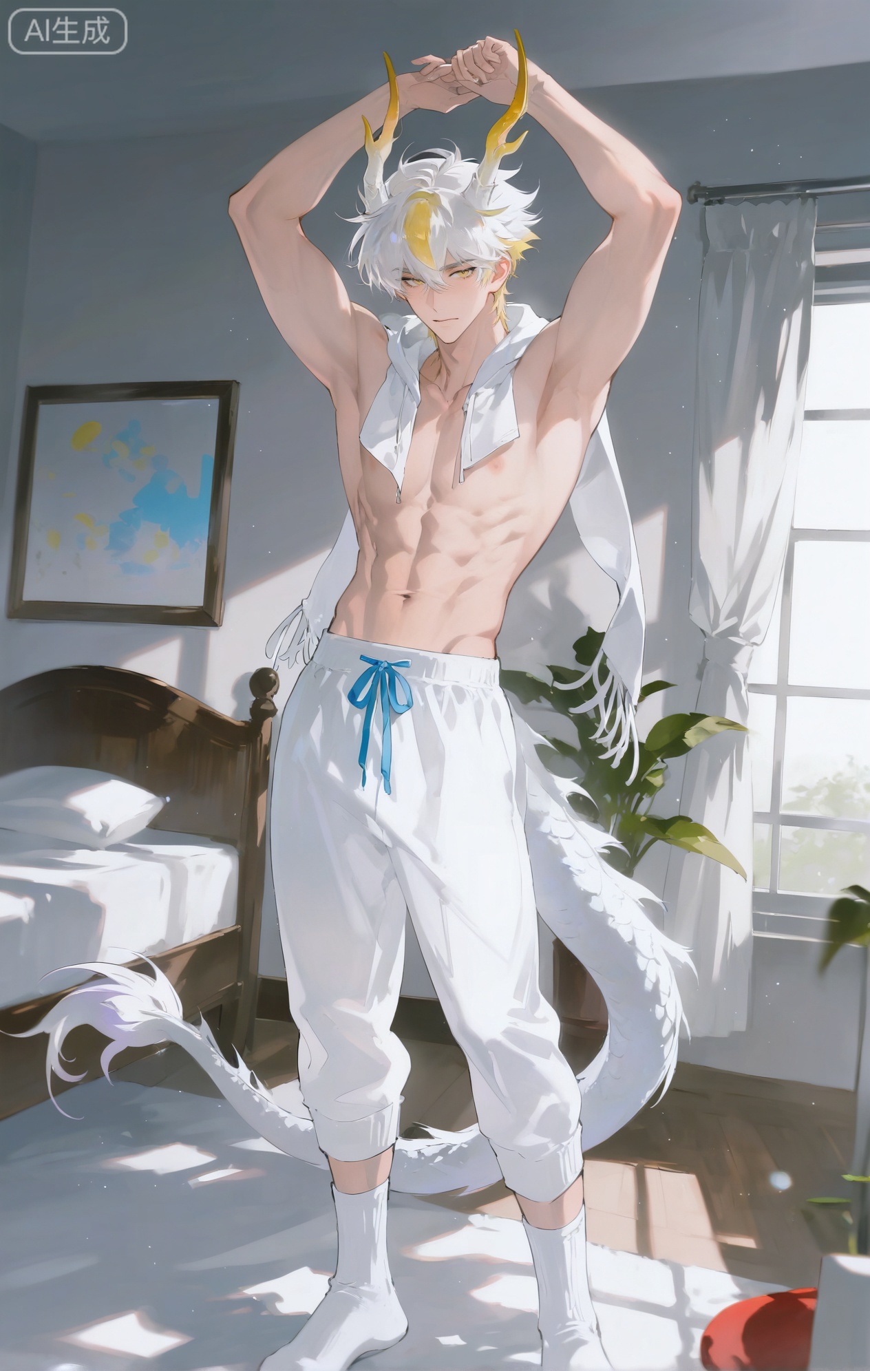 Small note art style,,xiaozhitiao,yu xuan,multicolored hair,White dragon tail,White dragon horns,yellow eyes,white hair,blonde hair,1boy,bangs
,socks,white socks,dianmei

(artist:mazjojo:0.53),(artist:pigeon666:0.37),(artist:zawar379:0.57),(artist:remsrar:0.35),(artist:yoneyama mai:0.64),(yokoyari mengo:0.6),1boy,male focus,solo,bed - head hair,hooded pajamas,hood down, a gray woolen scarf at the foot of the bed. He's standing in the middle of his bedroom, wearing loose - fitting pajama pants that hang low on his hips, revealing his toned abs as he stretches his arms above his head. The room has a rumpled bed with a few pillows on the floor.