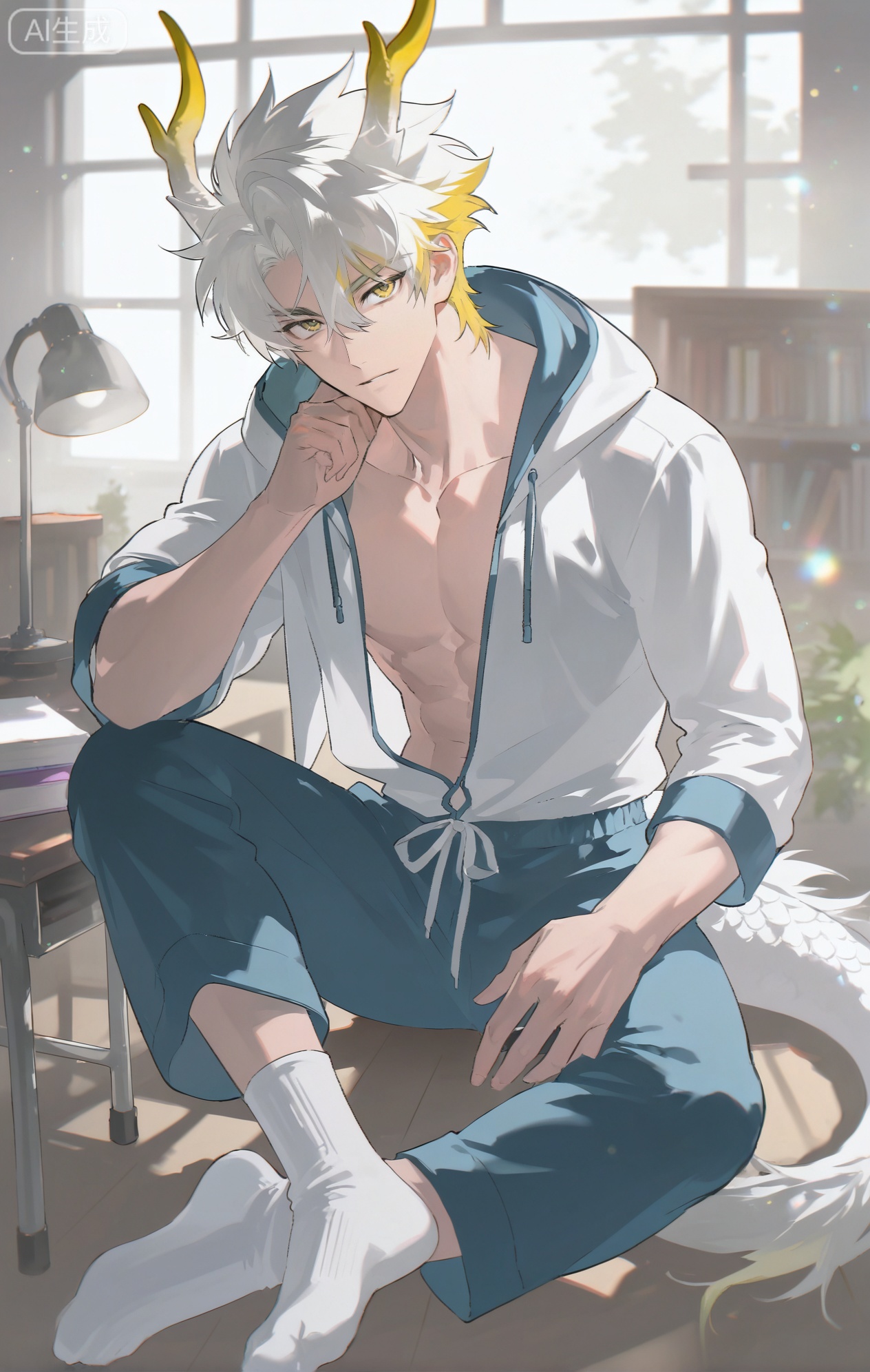 Small note art style,,xiaozhitiao,yu xuan,multicolored hair,White dragon tail,White dragon horns,yellow eyes,white hair,blonde hair,1boy,bangs
,socks,white socks,dianmei

(artist:mazjojo:0.53),(artist:pigeon666:0.37),(artist:zawar379:0.57),(artist:remsrar:0.35),(artist:yoneyama mai:0.64),(yokoyari mengo:0.6),1boy,male focus,solo,short, neatly combed hair,hooded pajamas,hood down, a brown leather - like scarf slung over one shoulder. He's sitting at a cluttered desk in a study, abs showing as he leans over a notebook, pen in hand, about to jot down an idea. There are bookshelves filled with books behind him, and a desk lamp provides a warm, yellow light.