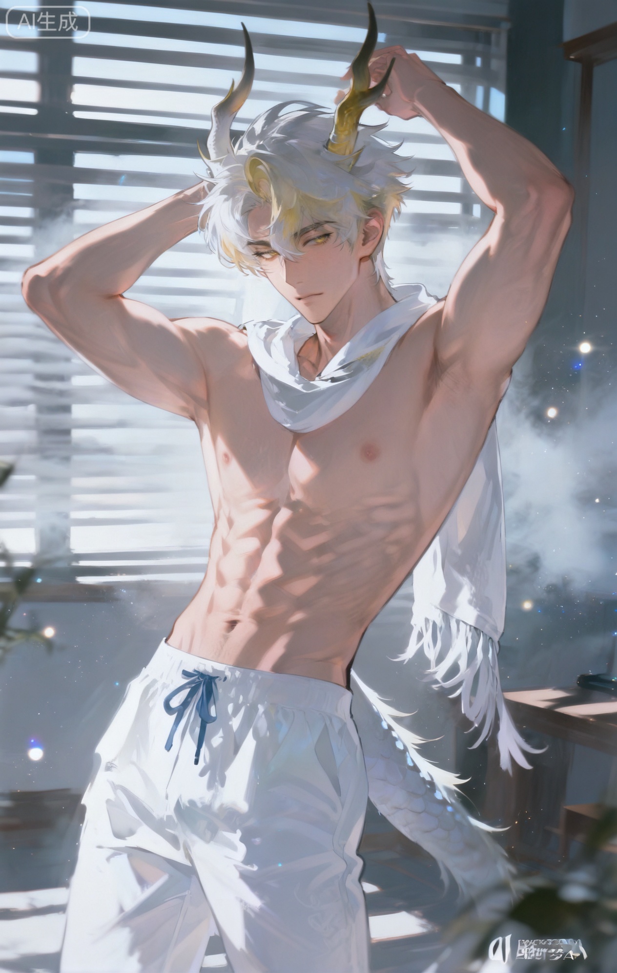 Small note art style,,xiaozhitiao,yu xuan,multicolored hair,White dragon tail,White dragon horns,yellow eyes,white hair,blonde hair,1boy,bangs
,socks,white socks,dianmei

(artist:mazjojo:0.53),(artist:pigeon666:0.37),(artist:zawar379:0.57),(artist:remsrar:0.35),(artist:yoneyama mai:0.64),(yokoyari mengo:0.6),1boy,male focus,solo,bed - head hair,hooded pajamas,hood down, a gray woolen scarf at the foot of the bed. He's standing in the middle of his bedroom, wearing loose - fitting pajama pants that hang low on his hips, revealing his toned abs as he stretches his arms above his head. The room has a rumpled bed with a few pillows on the floor.