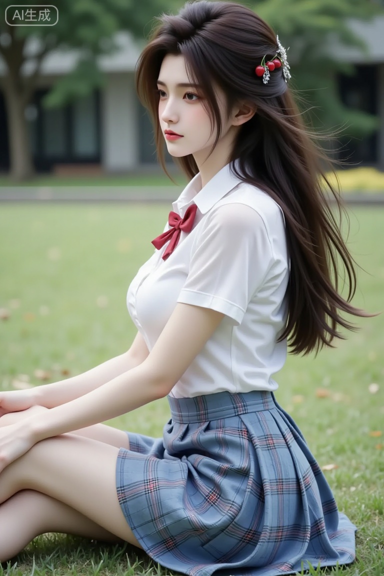 side-view, full-body portrait of a young beauty. She possesses flowing long hair secured with a delicate hair clip. She wears a classic school uniform: a collared white shirt with short sleeves, featuring a red bowtie at the neckline. Her large breasts fill the crisp white fabric. The ensemble includes a blue plaid skirt,and dark brown loafers.Her hair is styled with a red cherry hair accessory on one side.she is sitting on the lawn while her legs stretching,Lxqiqi