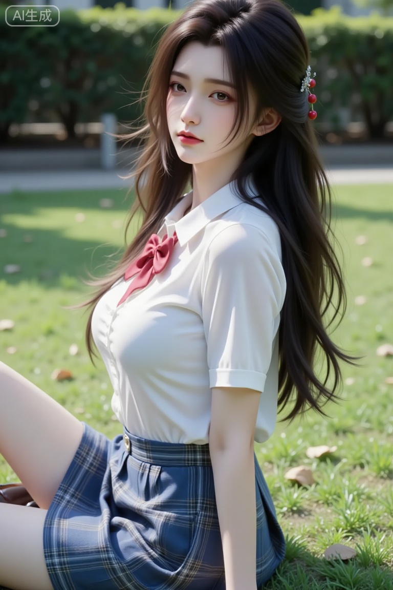 side-view, full-body portrait of a young beauty. She possesses flowing long hair secured with a delicate hair clip. She wears a classic school uniform: a collared white shirt with short sleeves, featuring a red bowtie at the neckline. Her large breasts fill the crisp white fabric. The ensemble includes a blue plaid skirt,and dark brown loafers.Her hair is styled with a red cherry hair accessory on one side.she is sitting on the lawn while her legs stretching,Lxqiqi