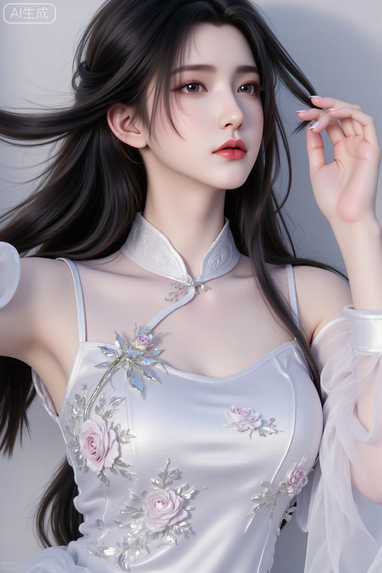 Chinese aesthetics, Chinese style illustrations, brushstrokes, texture, royal sister, princess cut, long straight hair, long flowing hair, Chinese style outfit, silver-white cheongsam. There are roses on the cheongsam, white plush overhang, facial close-up, white face and red lips, exquisite, gangster lady style, heroine, gorgeous and elegant, exquisite hairpin, evil, cold, lazy, be aesthetic, black hair, 3D real-life modeling, watching roses,Lxqiqi