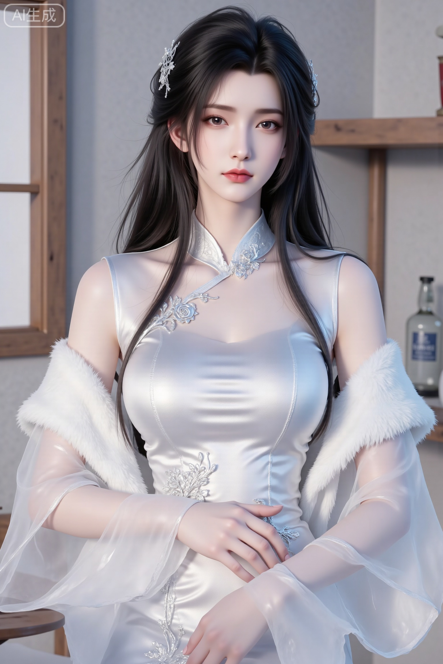 Chinese aesthetics, Chinese style illustrations, brushstrokes, texture, royal sister, princess cut, long straight hair, long flowing hair, Chinese style outfit, silver-white cheongsam. There are roses on the cheongsam, white plush overhang, facial close-up, white face and red lips, exquisite, gangster lady style, heroine, gorgeous and elegant, exquisite hairpin, evil, cold, lazy, be aesthetic, black hair, 3D real-life modeling, watching roses,Lxqiqi