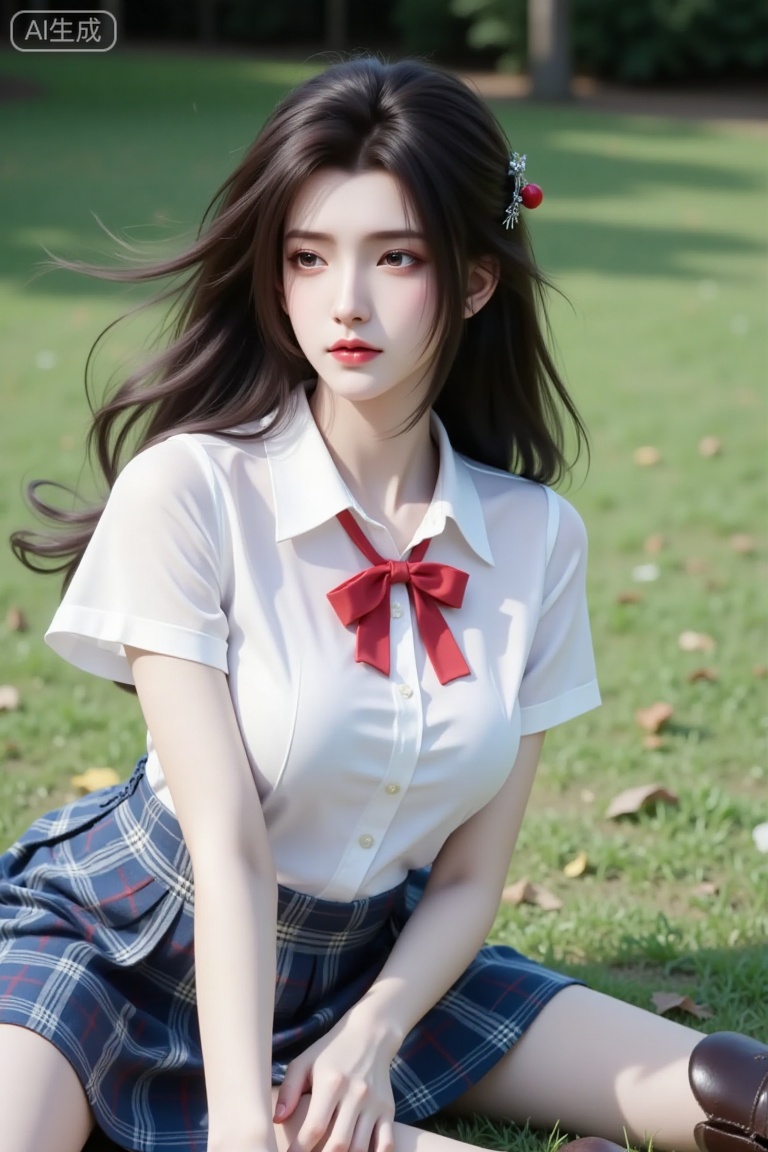 side-view, full-body portrait of a young beauty. She possesses flowing long hair secured with a delicate hair clip. She wears a classic school uniform: a collared white shirt with short sleeves, featuring a red bowtie at the neckline. Her large breasts fill the crisp white fabric. The ensemble includes a blue plaid skirt,and dark brown loafers.Her hair is styled with a red cherry hair accessory on one side.she is sitting on the lawn while her legs stretching,Lxqiqi