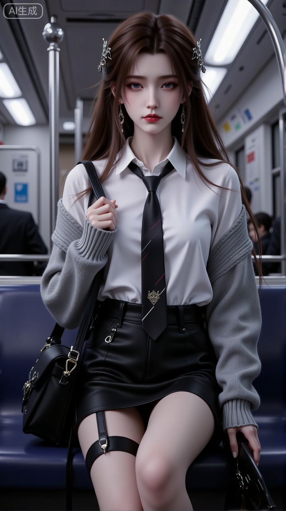 1girl, solo, long hair, looking at viewer, skirt, brown hair, shirt, hair ornament, long sleeves, holding, brown eyes, jewelry, sitting, closed mouth, white shirt, earrings, boots, necktie, shorts, collared shirt, artist name, black skirt, bag, black footwear, sweater, lips, gun, sleeves past wrists, makeup, thigh strap, feet out of frame, knee boots, ground vehicle, realistic, nose, red lips, grey sweater, train interior, black bag,Lxqiqi