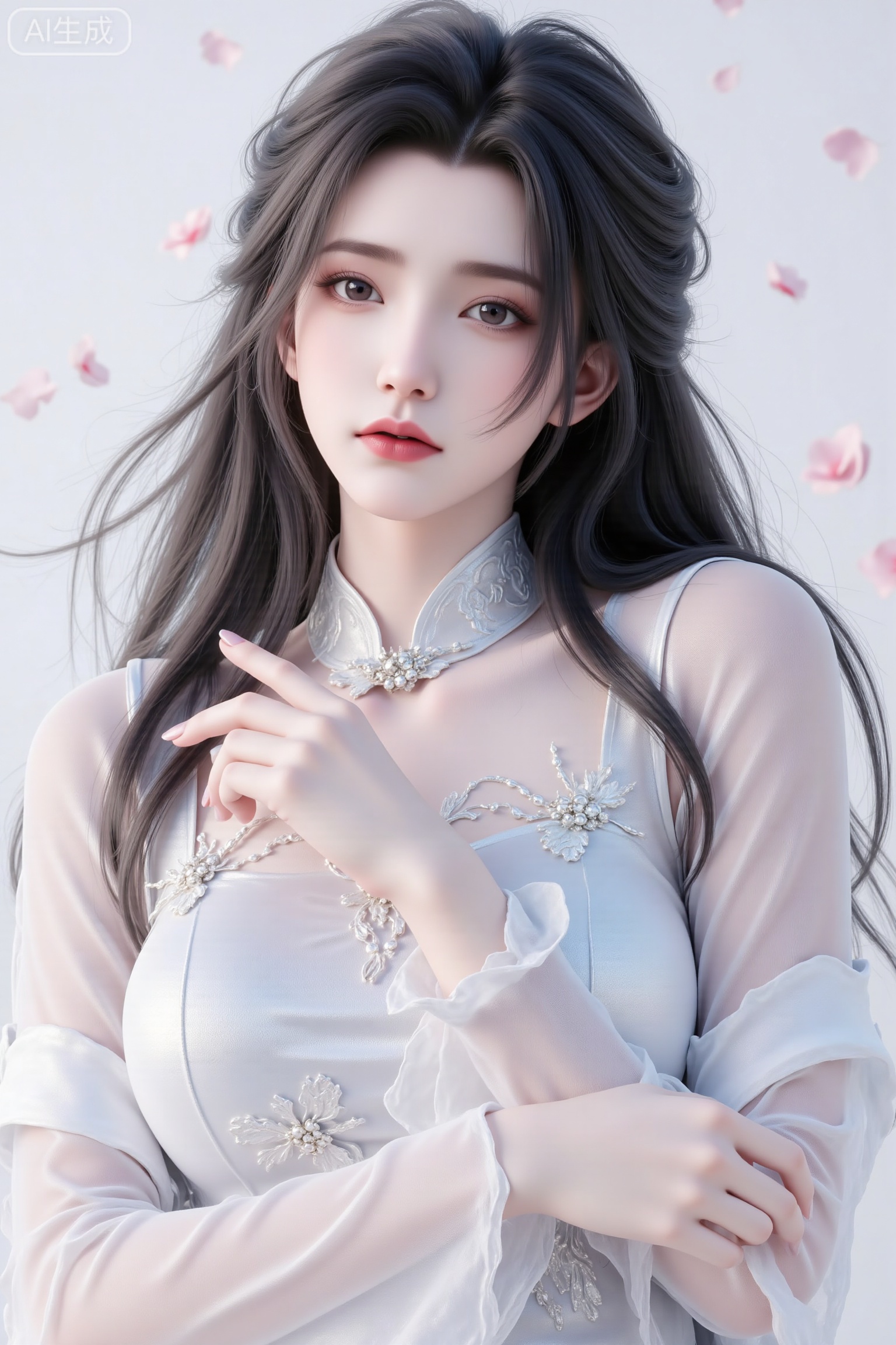 Chinese aesthetics, Chinese style illustrations, brushstrokes, texture, royal sister, princess cut, long straight hair, long flowing hair, Chinese style outfit, silver-white cheongsam. There are roses on the cheongsam, white plush overhang, facial close-up, white face and red lips, exquisite, gangster lady style, heroine, gorgeous and elegant, exquisite hairpin, evil, cold, lazy, be aesthetic, black hair, 3D real-life modeling, watching roses,Lxqiqi