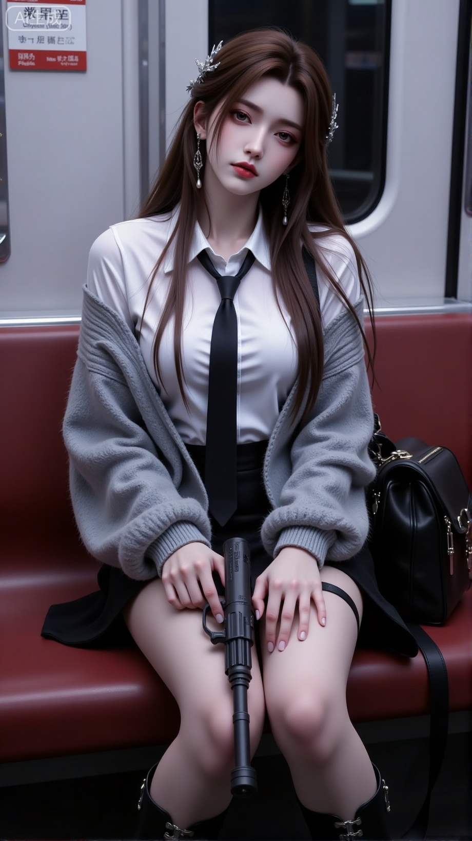 1girl, solo, long hair, looking at viewer, skirt, brown hair, shirt, hair ornament, long sleeves, holding, brown eyes, jewelry, sitting, closed mouth, white shirt, earrings, boots, necktie, shorts, collared shirt, artist name, black skirt, bag, black footwear, sweater, lips, gun, sleeves past wrists, makeup, thigh strap, feet out of frame, knee boots, ground vehicle, realistic, nose, red lips, grey sweater, train interior, black bag,Lxqiqi