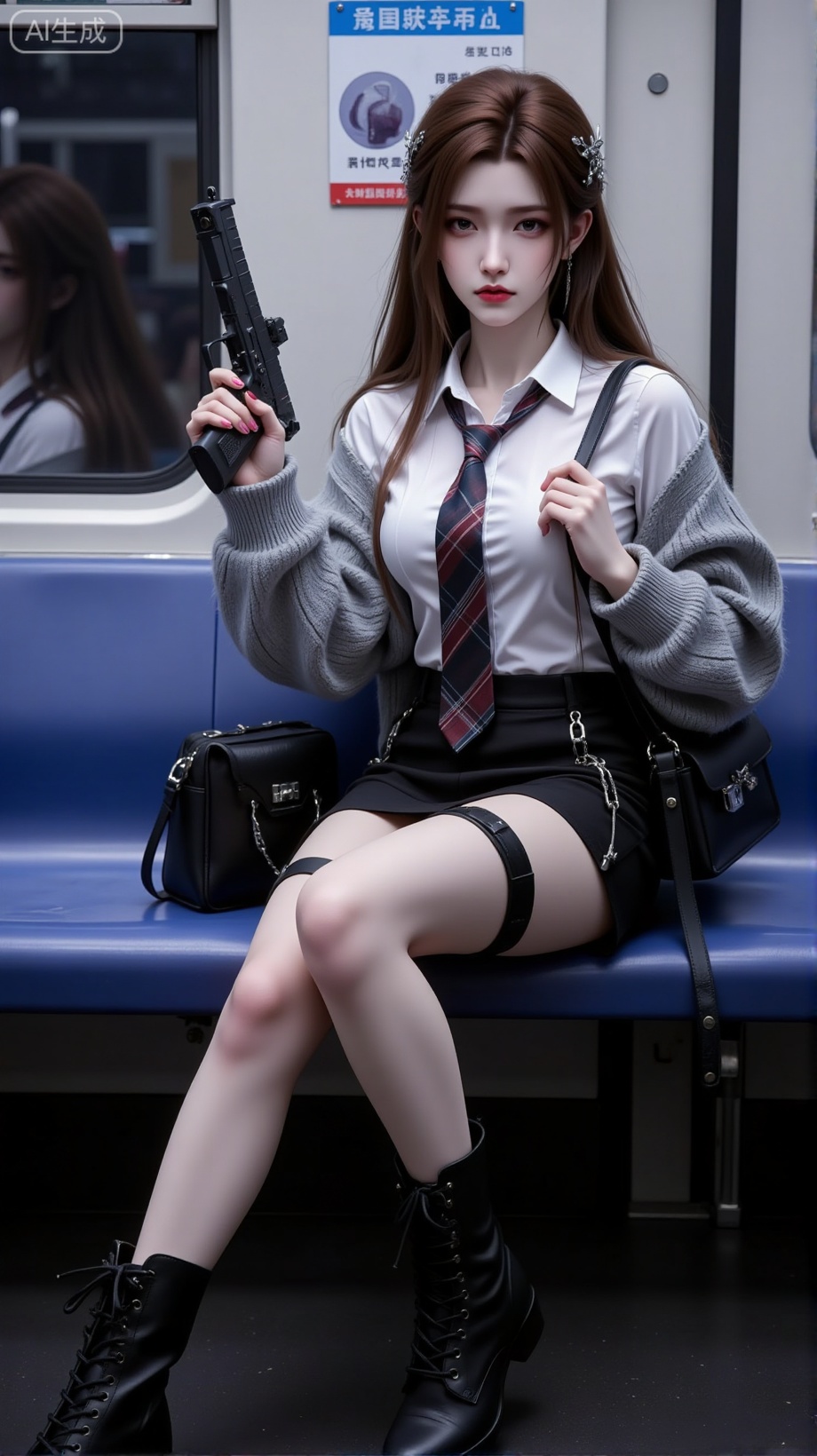 1girl, solo, long hair, looking at viewer, skirt, brown hair, shirt, hair ornament, long sleeves, holding, brown eyes, jewelry, sitting, closed mouth, white shirt, earrings, boots, necktie, shorts, collared shirt, artist name, black skirt, bag, black footwear, sweater, lips, gun, sleeves past wrists, makeup, thigh strap, feet out of frame, knee boots, ground vehicle, realistic, nose, red lips, grey sweater, train interior, black bag,Lxqiqi