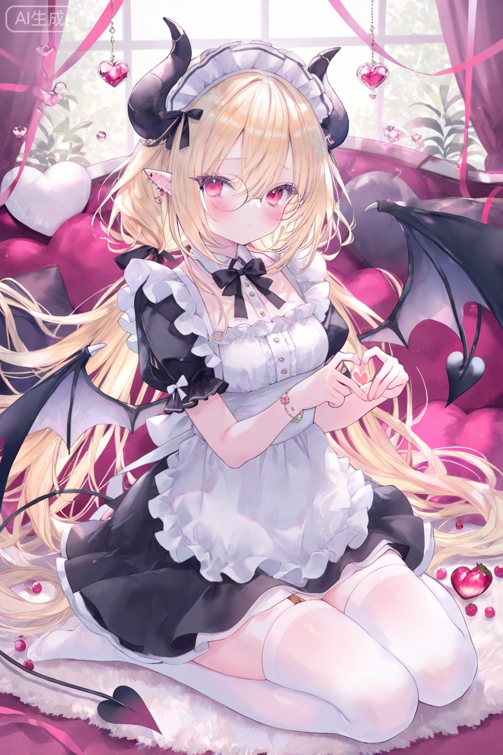 1girl, solo, long hair, breasts, looking at viewer, blush, bangs, blonde hair, red eyes, thighhighs, hair between eyes, twintails, jewelry, medium breasts, sitting, very long hair, closed mouth, tail, full body, short sleeves, heart, sidelocks, small breasts, frills, wings, horns, glasses, pointy ears, puffy sleeves, indoors, apron, bracelet, white thighhighs, puffy short sleeves, maid headdress, kneeling, low twintails, no shoes, demon girl, demon horns, demon tail, white apron, seiza, demon wings, frilled apron, round eyewear, heart hands