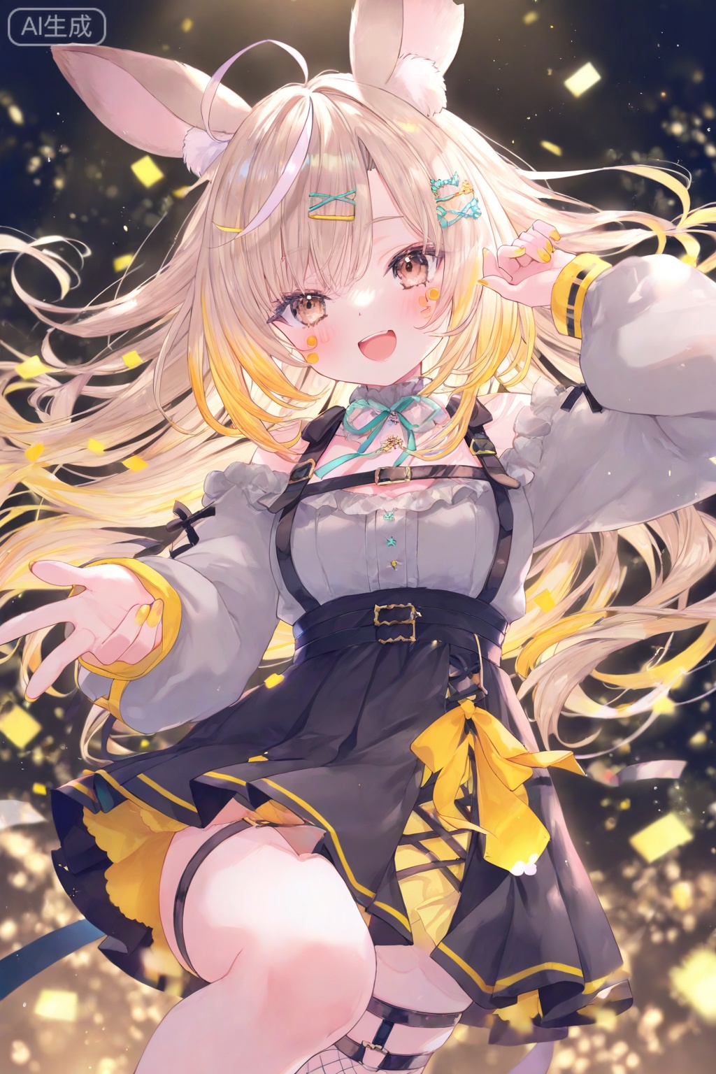 1girl, solo, long hair, looking at viewer, smile, skirt, blonde hair, hair ornament, long sleeves, animal ears, brown eyes, :d, multicolored hair, hairclip, virtual youtuber, streaked hair, facial mark, yellow nails
