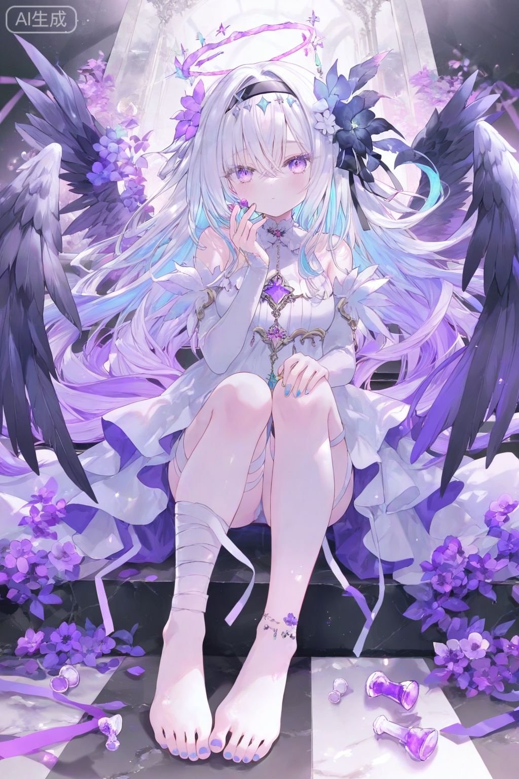 1girl, solo, long hair, looking at viewer, bangs, hair ornament, long sleeves, dress, bare shoulders, sitting, very long hair, purple eyes, full body, flower, white hair, multicolored hair, hairband, detached sleeves, wings, barefoot, hair flower, nail polish, white dress, feet, toes, halo, bandages, black hairband, feathered wings, toenails, stairs, colored inner hair, toenail polish, bandaged leg, checkered floor, chess piece