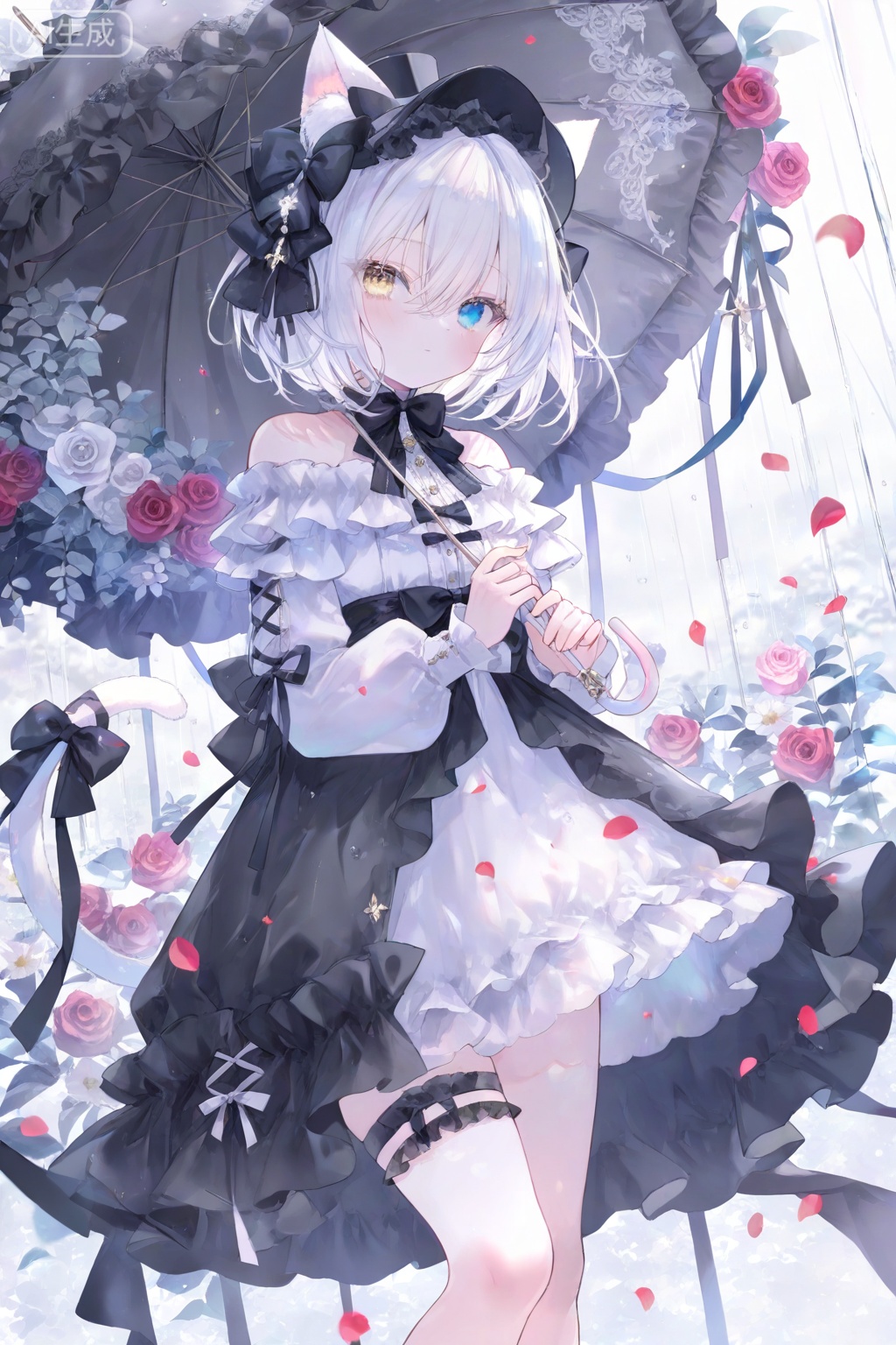 1girl, solo, looking at viewer, short hair, bangs, blue eyes, long sleeves, dress, bow, ribbon, holding, animal ears, hair between eyes, bare shoulders, closed mouth, standing, tail, yellow eyes, flower, white hair, frills, cat ears, off shoulder, white dress, cat tail, animal ear fluff, petals, black bow, thigh strap, rose, heterochromia, umbrella, frilled dress, cat girl, red flower, lolita fashion, red rose, holding umbrella, tail ornament, tail bow