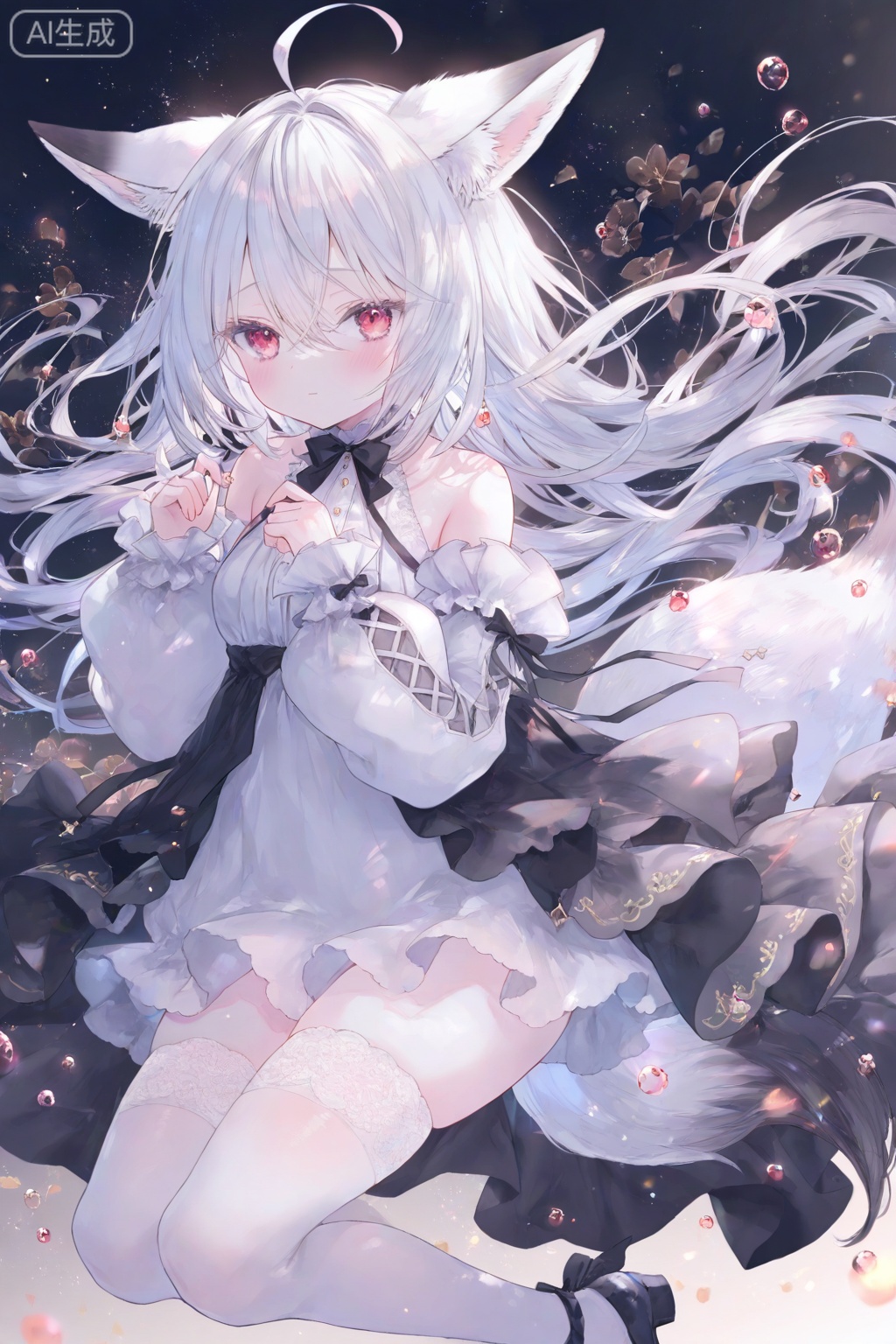 1girl, solo, long hair, looking at viewer, blush, bangs, red eyes, thighhighs, long sleeves, dress, animal ears, hair between eyes, bare shoulders, very long hair, closed mouth, tail, ahoge, white hair, detached sleeves, shoes, sleeveless, puffy sleeves, black footwear, white dress, white thighhighs, animal ear fluff, sleeves past wrists, fox ears, sleeveless dress, fox tail, fox girl, puffy long sleeves, white sleeves, ears down
