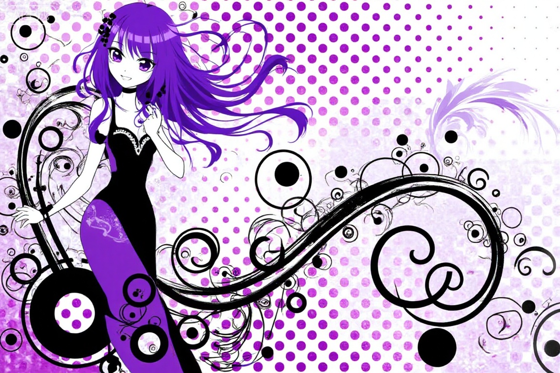 1 purple hair girl dancing in the picture , Frutiger Metro,illustration,vibrant,abstract design,circles and rings,intricate dots and swirls,visually striking,black swirls and curves,dynamic swirling patterns,sense of movement, polka dots,varying dot sizes,unique and captivating abstract image