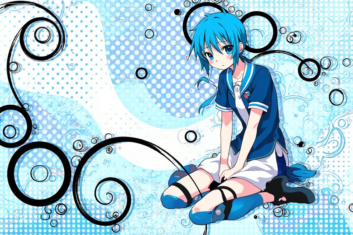 1 blue hair girl sit on the floor , Frutiger Metro,illustration,vibrant,abstract design,circles and rings,intricate dots and swirls,visually striking,black swirls and curves,dynamic swirling patterns,sense of movement, polka dots,varying dot sizes,unique and captivating abstract image