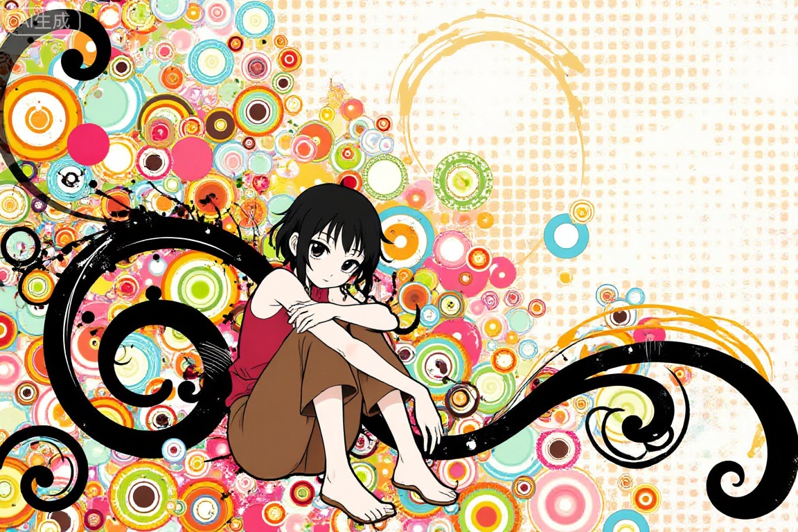 1girl sit on the floor ,Frutiger Metro,illustration,vibrant,abstract design,circles and rings,intricate dots and swirls,visually striking,black swirls and curves,dynamic swirling patterns,sense of movement, polka dots,varying dot sizes,unique and captivating abstract image