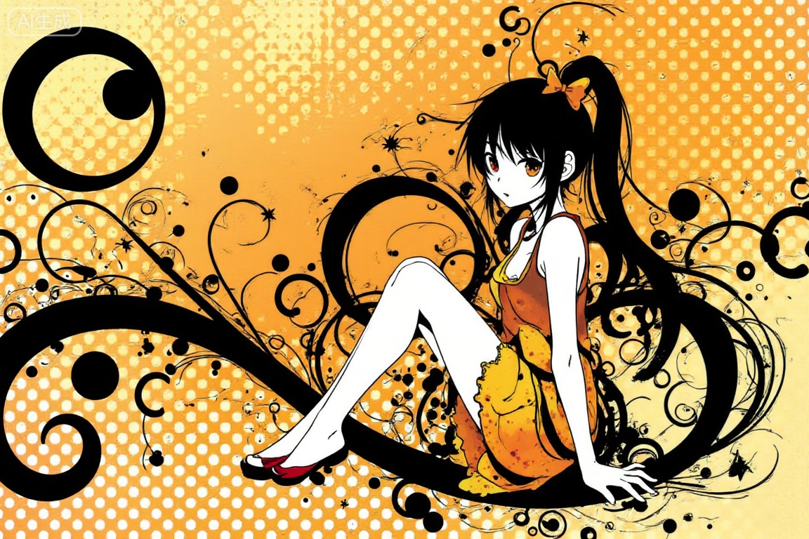 1girl sit on the floor ,Frutiger Metro,illustration,vibrant,abstract design,circles and rings,intricate dots and swirls,visually striking,black swirls and curves,dynamic swirling patterns,sense of movement, polka dots,varying dot sizes,unique and captivating abstract image
