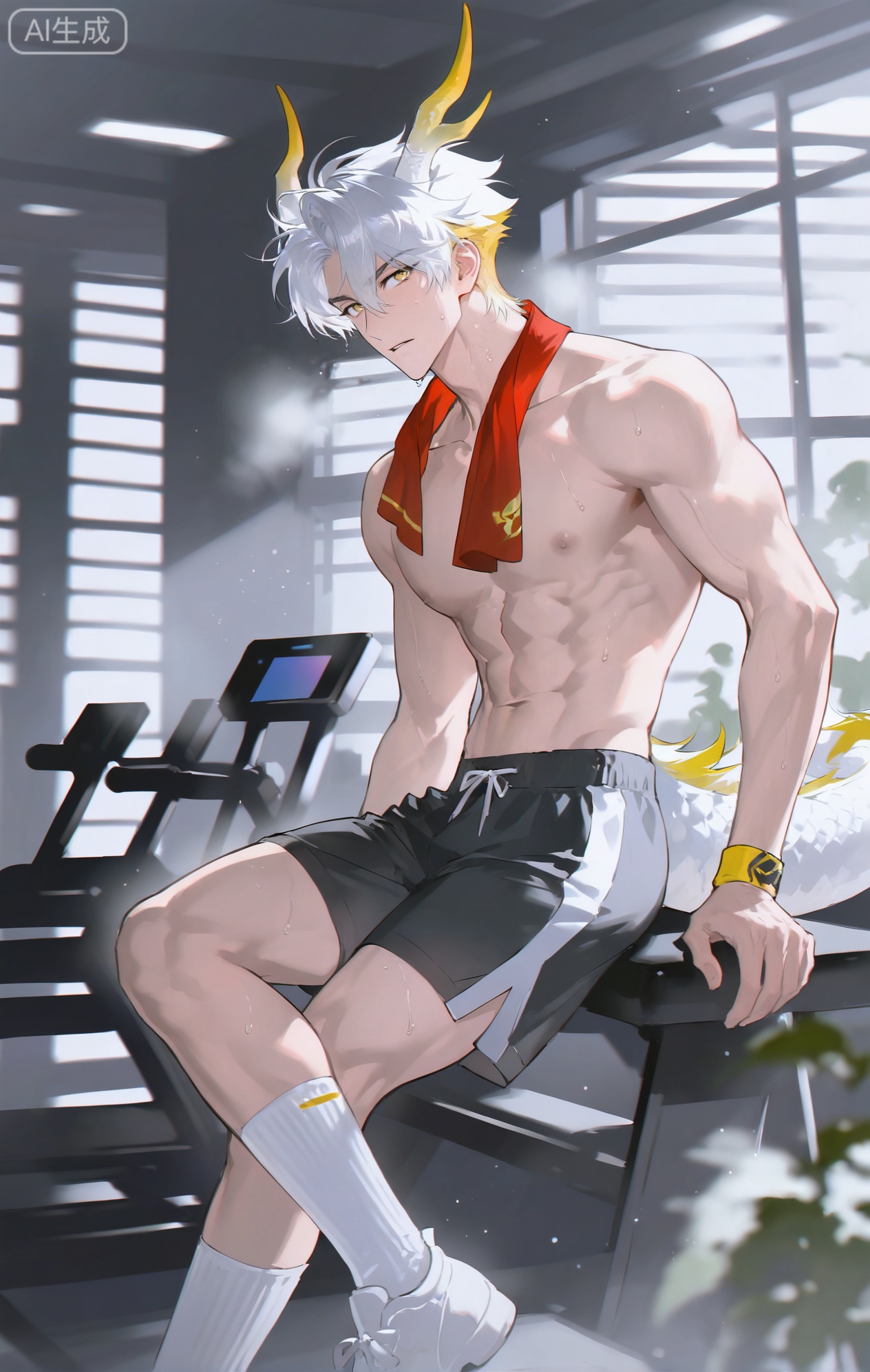 Small note art style,,xiaozhitiao,yu xuan,multicolored hair,White dragon tail,White dragon horns,yellow eyes,white hair,blonde hair,1boy,bangs
,socks,white socks,dianmei

(artist:mazjojo:0.53),(artist:pigeon666:0.37),(artist:zawar379:0.57),(artist:remsrar:0.35),(artist:yoneyama mai:0.64),(yokoyari mengo:0.6),1boy,male focus,solo,short, sweaty hair,hooded pajamas discarded to the side, a red athletic - style scarf around his neck. His well - built abs are glistening with sweat as he sits on a weight bench in a basement gym, taking a break. There are dumbbells and a treadmill in the background, and the walls are painted in a dull gray.