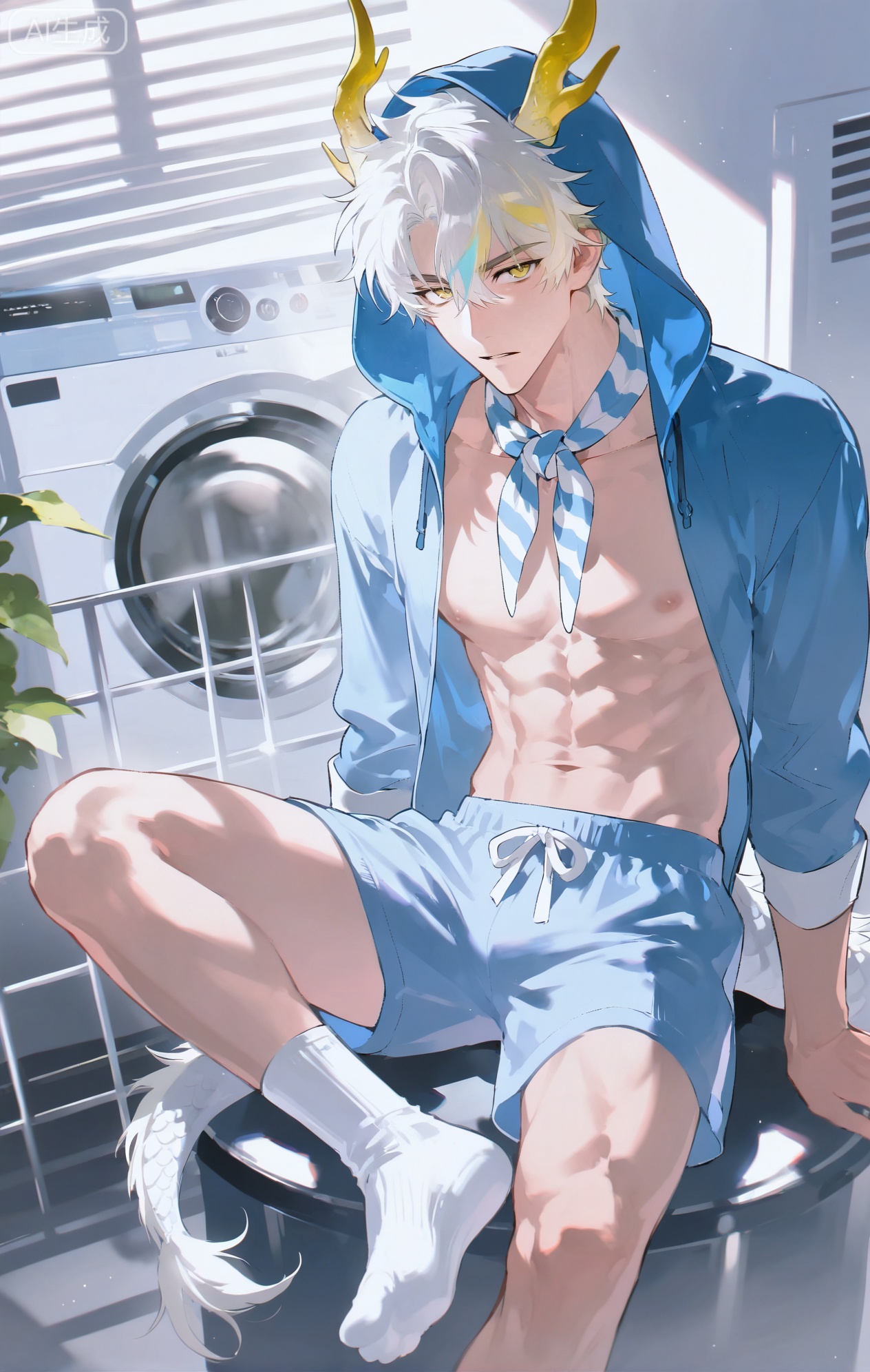 Small note art style,,xiaozhitiao,yu xuan,multicolored hair,White dragon tail,White dragon horns,yellow eyes,white hair,blonde hair,1boy,bangs
,socks,white socks,dianmei

(artist:mazjojo:0.53),(artist:pigeon666:0.37),(artist:zawar379:0.57),(artist:remsrar:0.35),(artist:yoneyama mai:0.64),(yokoyari mengo:0.6),1boy,male focus,solo,bald - like short hair,hooded pajamas,hood up, a blue and white striped scarf around his neck, toned abs visible through the thin fabric of the pajama top as he leans against a washing machine. He's looking at the spinning drum with a bored expression, and there are laundry baskets filled with clothes nearby.
