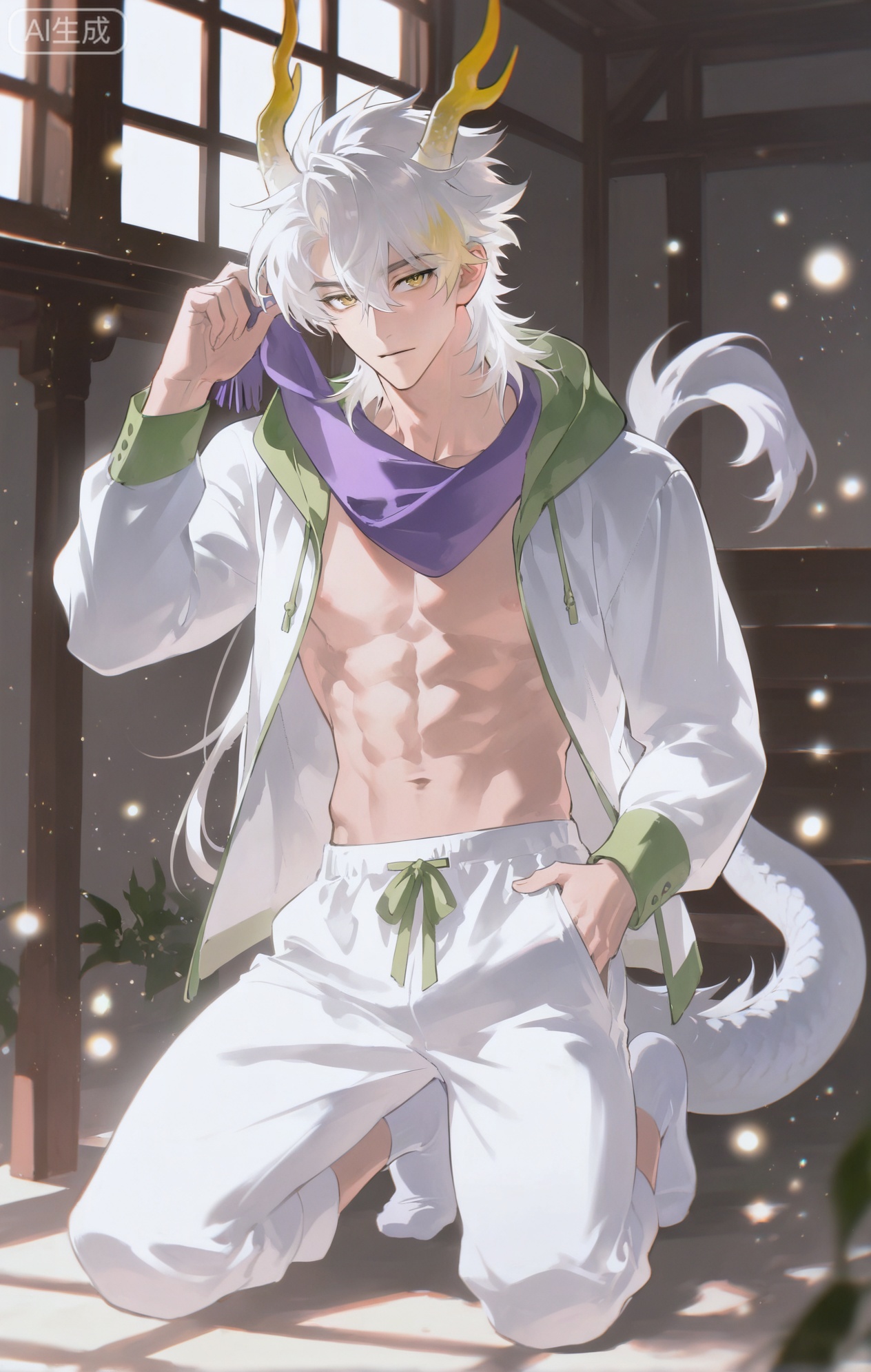 Small note art style,,xiaozhitiao,yu xuan,multicolored hair,White dragon tail,White dragon horns,yellow eyes,white hair,blonde hair,1boy,bangs
,socks,white socks,dianmei

(artist:mazjojo:0.53),(artist:pigeon666:0.37),(artist:zawar379:0.57),(artist:remsrar:0.35),(artist:yoneyama mai:0.64),(yokoyari mengo:0.6),1boy,male focus,solo,longish hair tied back,hooded pajamas,hood down, a faded purple scarf around his neck. He's kneeling on the attic floor, abs exposed as he rummages through an old trunk filled with photos and mementos. The attic is dimly lit, with a small window letting in a beam of light that dust particles dance in.