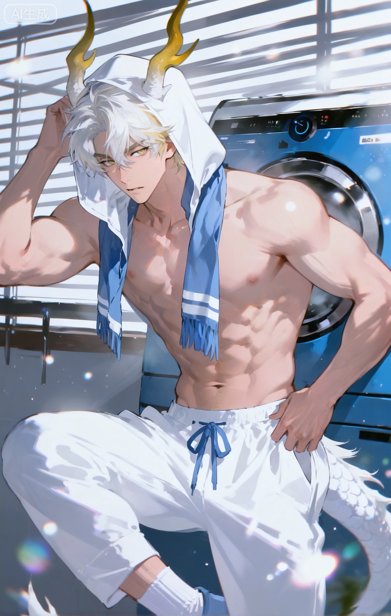 Small note art style,,xiaozhitiao,yu xuan,multicolored hair,White dragon tail,White dragon horns,yellow eyes,white hair,blonde hair,1boy,bangs
,socks,white socks,dianmei

(artist:mazjojo:0.53),(artist:pigeon666:0.37),(artist:zawar379:0.57),(artist:remsrar:0.35),(artist:yoneyama mai:0.64),(yokoyari mengo:0.6),1boy,male focus,solo,bald - like short hair,hooded pajamas,hood up, a blue and white striped scarf around his neck, toned abs visible through the thin fabric of the pajama top as he leans against a washing machine. He's looking at the spinning drum with a bored expression, and there are laundry baskets filled with clothes nearby.