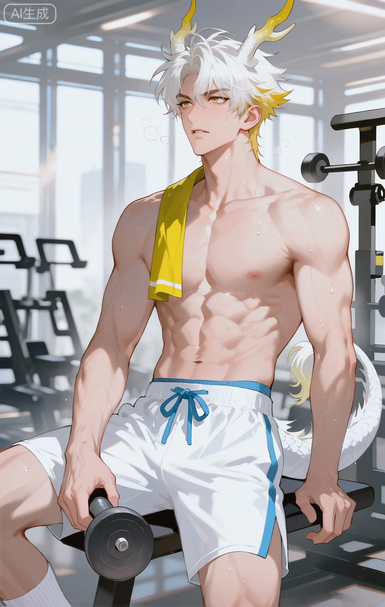 Small note art style,,xiaozhitiao,yu xuan,multicolored hair,White dragon tail,White dragon horns,yellow eyes,white hair,blonde hair,1boy,bangs
,socks,white socks,dianmei

(artist:mazjojo:0.53),(artist:pigeon666:0.37),(artist:zawar379:0.57),(artist:remsrar:0.35),(artist:yoneyama mai:0.64),(yokoyari mengo:0.6),1boy,male focus,solo,short, sweaty hair,hooded pajamas removed and tied around his waist, a neon - colored sports scarf around his neck, well - defined abs glistening with sweat as he takes a break from his workout. He's sitting on a bench in a well - equipped gym, with weights, exercise machines, and mirrors all around. There are other people working out in the background, and motivational posters adorn the walls.