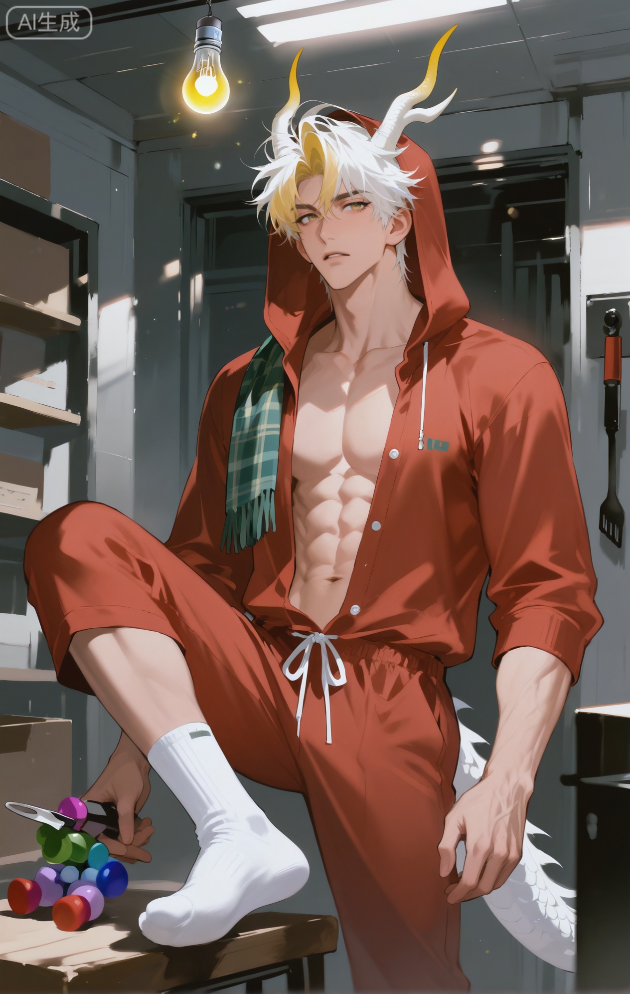 Small note art style,,xiaozhitiao,yu xuan,multicolored hair,White dragon tail,White dragon horns,yellow eyes,white hair,blonde hair,1boy,bangs
,socks,white socks,dianmei

(artist:mazjojo:0.53),(artist:pigeon666:0.37),(artist:zawar379:0.57),(artist:remsrar:0.35),(artist:yoneyama mai:0.64),(yokoyari mengo:0.6),1boy,male focus,solo,short, messy hair,hooded pajamas,hood up, a plaid scarf in red and black around his neck, muscular abs on display as he stands in a cluttered storage room. He's sorting through boxes filled with old toys, tools, and knick - knacks. There's a cobweb in one corner, and a single lightbulb hanging from the ceiling provides a dim, yellowish light.
