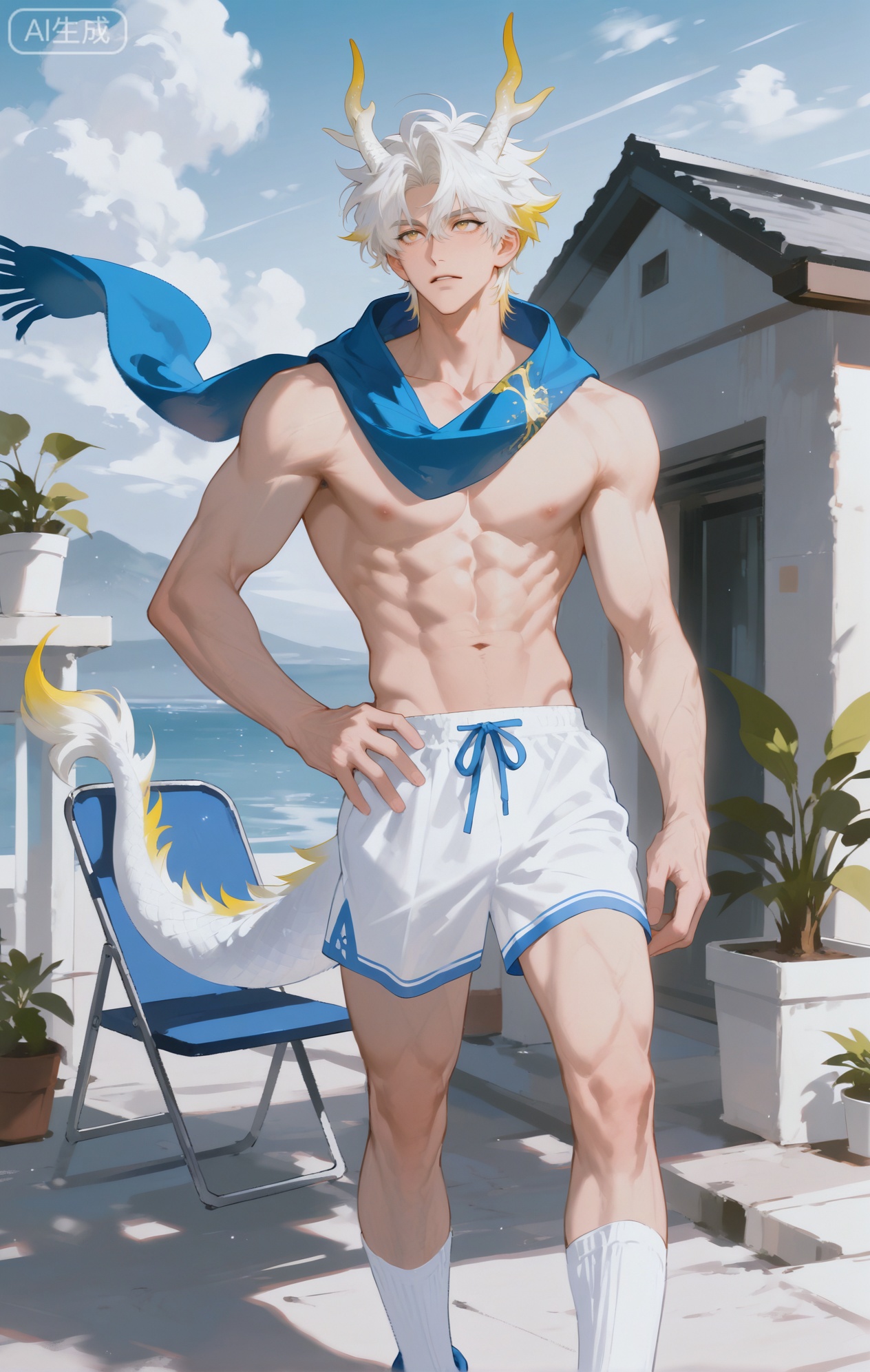 Small note art style,,xiaozhitiao,yu xuan,multicolored hair,White dragon tail,White dragon horns,yellow eyes,white hair,blonde hair,1boy,bangs
,socks,white socks,dianmei

(artist:mazjojo:0.53),(artist:pigeon666:0.37),(artist:zawar379:0.57),(artist:remsrar:0.35),(artist:yoneyama mai:0.64),(yokoyari mengo:0.6),1boy,male focus,solo,long, wavy hair,hooded pajamas with the hood down, a light - blue silk scarf draped over his shoulders. His muscular abs are on display as he lies on his back on a flat rooftop, looking up at the clouds. The rooftop has a few potted plants and a small, folding chair. He's wearing loose - fitting pajama bottoms that ride low on his hips, and he's absent - mindedly twirling a piece of the scarf around his finger while imagining shapes in the clouds.