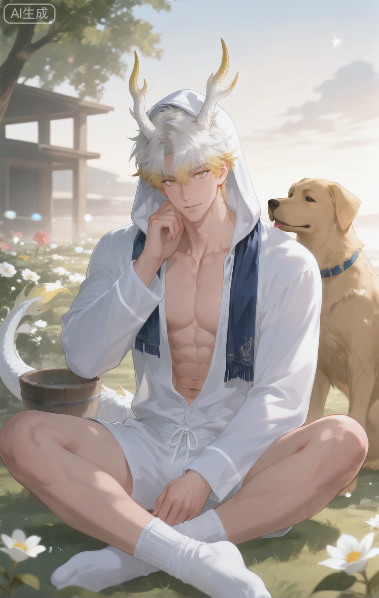 Small note art style,,xiaozhitiao,yu xuan,multicolored hair,White dragon tail,White dragon horns,yellow eyes,white hair,blonde hair,1boy,bangs
,socks,white socks,dianmei

(artist:mazjojo:0.53),(artist:pigeon666:0.37),(artist:zawar379:0.57),(artist:remsrar:0.35),(artist:yoneyama mai:0.64),(yokoyari mengo:0.6),1boy,male focus,solo,short hair,hooded pajamas,hood up, a navy - blue scarf wrapped around his neck, well - defined six - pack abs, sitting on the grass in a small backyard. A friendly golden retriever is lying beside him, and he's gently scratching the dog's ears. There are flower beds filled with colorful tulips nearby, and a small birdbath in the corner catches the sunlight. The pajamas are made of a soft, fleece - like material with white piping.