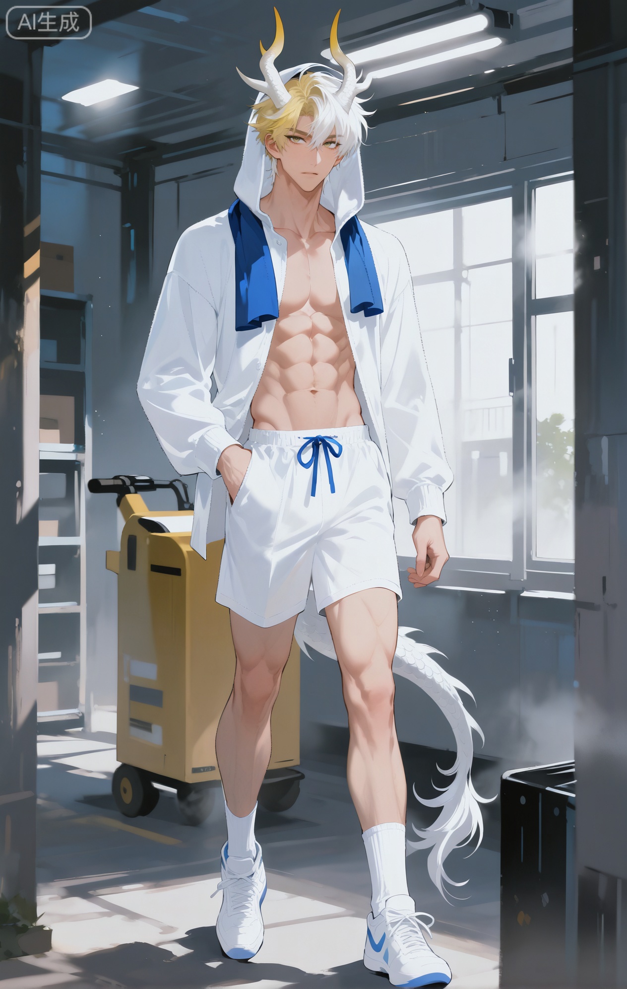 Small note art style,,xiaozhitiao,yu xuan,multicolored hair,White dragon tail,White dragon horns,yellow eyes,white hair,blonde hair,1boy,bangs
,socks,white socks,dianmei

(artist:mazjojo:0.53),(artist:pigeon666:0.37),(artist:zawar379:0.57),(artist:remsrar:0.35),(artist:yoneyama mai:0.64),(yokoyari mengo:0.6),1boy,male focus,solo,short, cropped hair,hooded pajamas,hood up, a khaki - colored scarf around his neck, defined abs as he rummages through shelves in a large warehouse. There are boxes, old furniture, and various storage containers all around. A forklift is parked nearby, and the high - ceilinged room is lit by fluorescent lights.