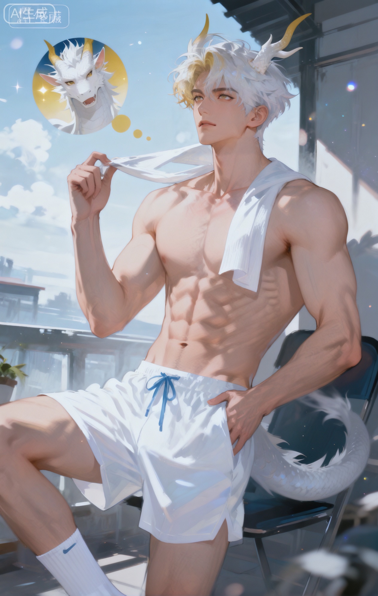 Small note art style,,xiaozhitiao,yu xuan,multicolored hair,White dragon tail,White dragon horns,yellow eyes,white hair,blonde hair,1boy,bangs
,socks,white socks,dianmei

(artist:mazjojo:0.53),(artist:pigeon666:0.37),(artist:zawar379:0.57),(artist:remsrar:0.35),(artist:yoneyama mai:0.64),(yokoyari mengo:0.6),1boy,male focus,solo,long, wavy hair,hooded pajamas with the hood down, a light - blue silk scarf draped over his shoulders. His muscular abs are on display as he lies on his back on a flat rooftop, looking up at the clouds. The rooftop has a few potted plants and a small, folding chair. He's wearing loose - fitting pajama bottoms that ride low on his hips, and he's absent - mindedly twirling a piece of the scarf around his finger while imagining shapes in the clouds.