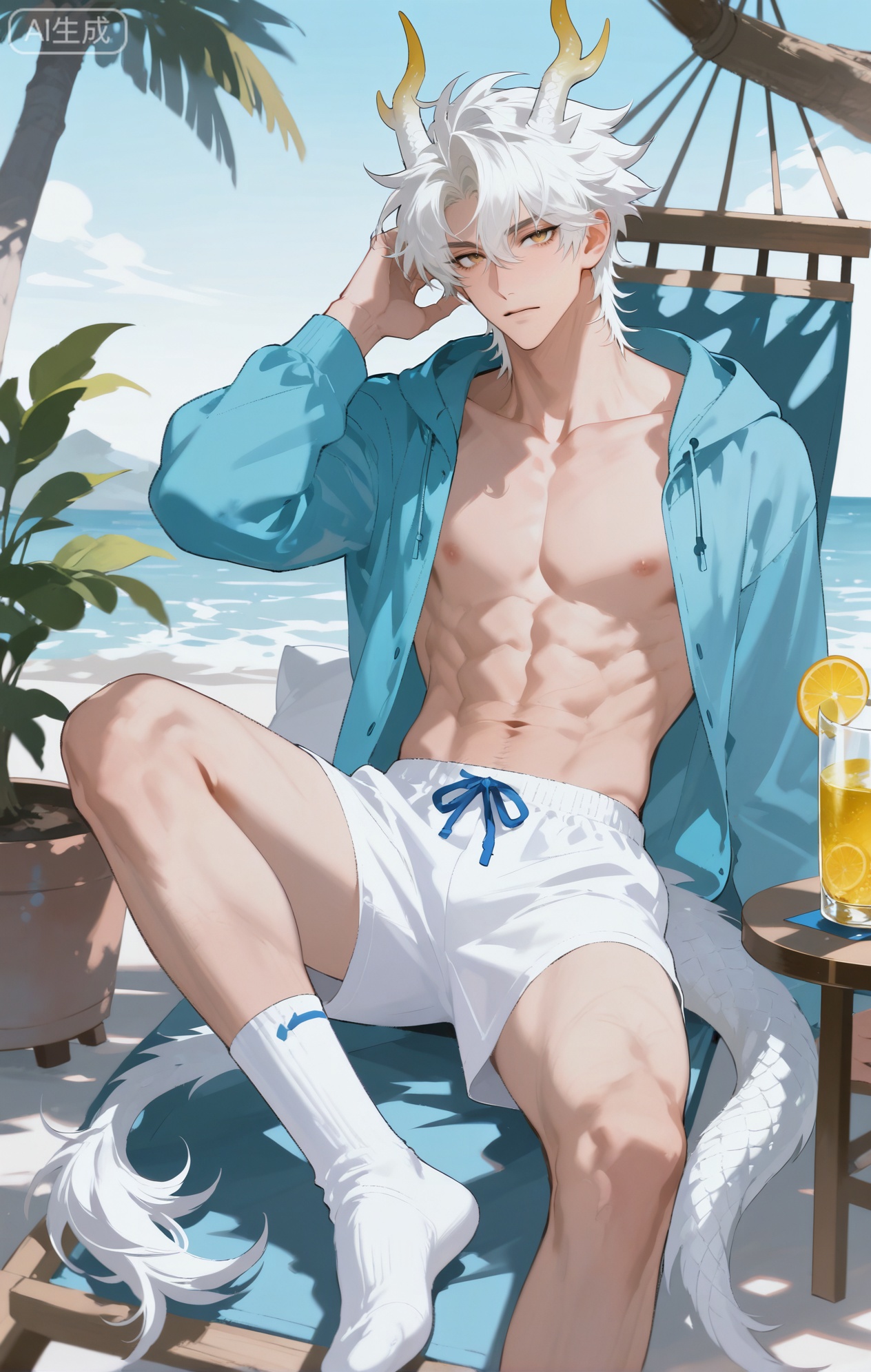 Small note art style,,xiaozhitiao,yu xuan,multicolored hair,White dragon tail,White dragon horns,yellow eyes,white hair,blonde hair,1boy,bangs
,socks,white socks,dianmei

(artist:mazjojo:0.53),(artist:pigeon666:0.37),(artist:zawar379:0.57),(artist:remsrar:0.35),(artist:yoneyama mai:0.64),(yokoyari mengo:0.6),1boy,male focus,solo,medium - length wavy hair,hooded pajamas,hood down, a light - brown knitted scarf draped over his shoulders, his toned abs visible as he dozes off in a hammock on a wooden patio. The hammock is strung between two posts, and there's a small side table with a half - read book and a glass of lemonade. Potted ferns line the edges of the patio, and the afternoon sun casts a warm, yellow glow.