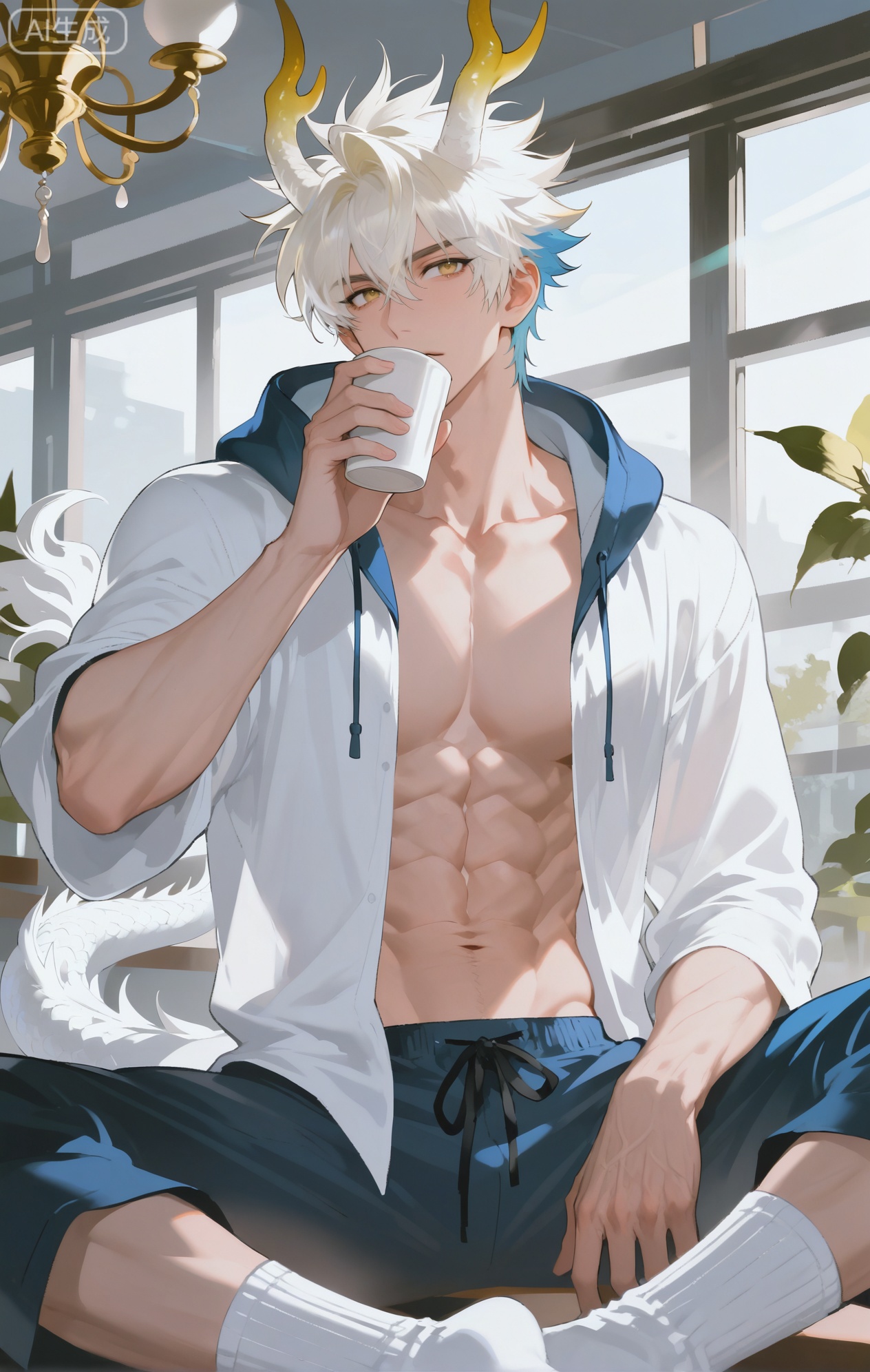 Small note art style,,xiaozhitiao,yu xuan,multicolored hair,White dragon tail,White dragon horns,yellow eyes,white hair,blonde hair,1boy,bangs
,socks,white socks,dianmei

(artist:mazjojo:0.53),(artist:pigeon666:0.37),(artist:zawar379:0.57),(artist:remsrar:0.35),(artist:yoneyama mai:0.64),(yokoyari mengo:0.6),1boy,male focus,solo,short, spiked hair,hooded pajamas,hood down, a black silk scarf casually thrown over his shoulders, his defined abs visible through the thin pajama shirt as he stands at a dining table. He's quickly gobbling down a piece of toast, with a cup of coffee in one hand, and his keys and phone next to his plate. The dining room has a modern chandelier and a large window overlooking the street.