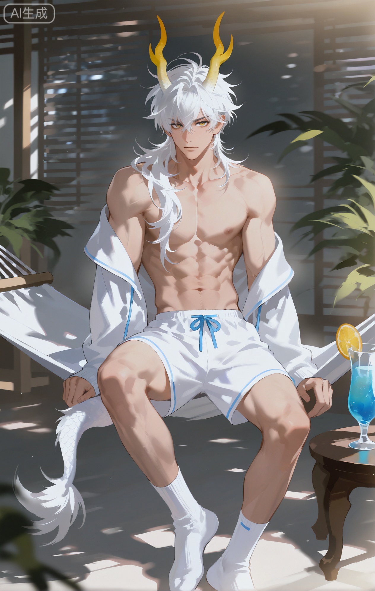 Small note art style,,xiaozhitiao,yu xuan,multicolored hair,White dragon tail,White dragon horns,yellow eyes,white hair,blonde hair,1boy,bangs
,socks,white socks,dianmei

(artist:mazjojo:0.53),(artist:pigeon666:0.37),(artist:zawar379:0.57),(artist:remsrar:0.35),(artist:yoneyama mai:0.64),(yokoyari mengo:0.6),1boy,male focus,solo,medium - length wavy hair,hooded pajamas,hood down, a light - brown knitted scarf draped over his shoulders, his toned abs visible as he dozes off in a hammock on a wooden patio. The hammock is strung between two posts, and there's a small side table with a half - read book and a glass of lemonade. Potted ferns line the edges of the patio, and the afternoon sun casts a warm, yellow glow.