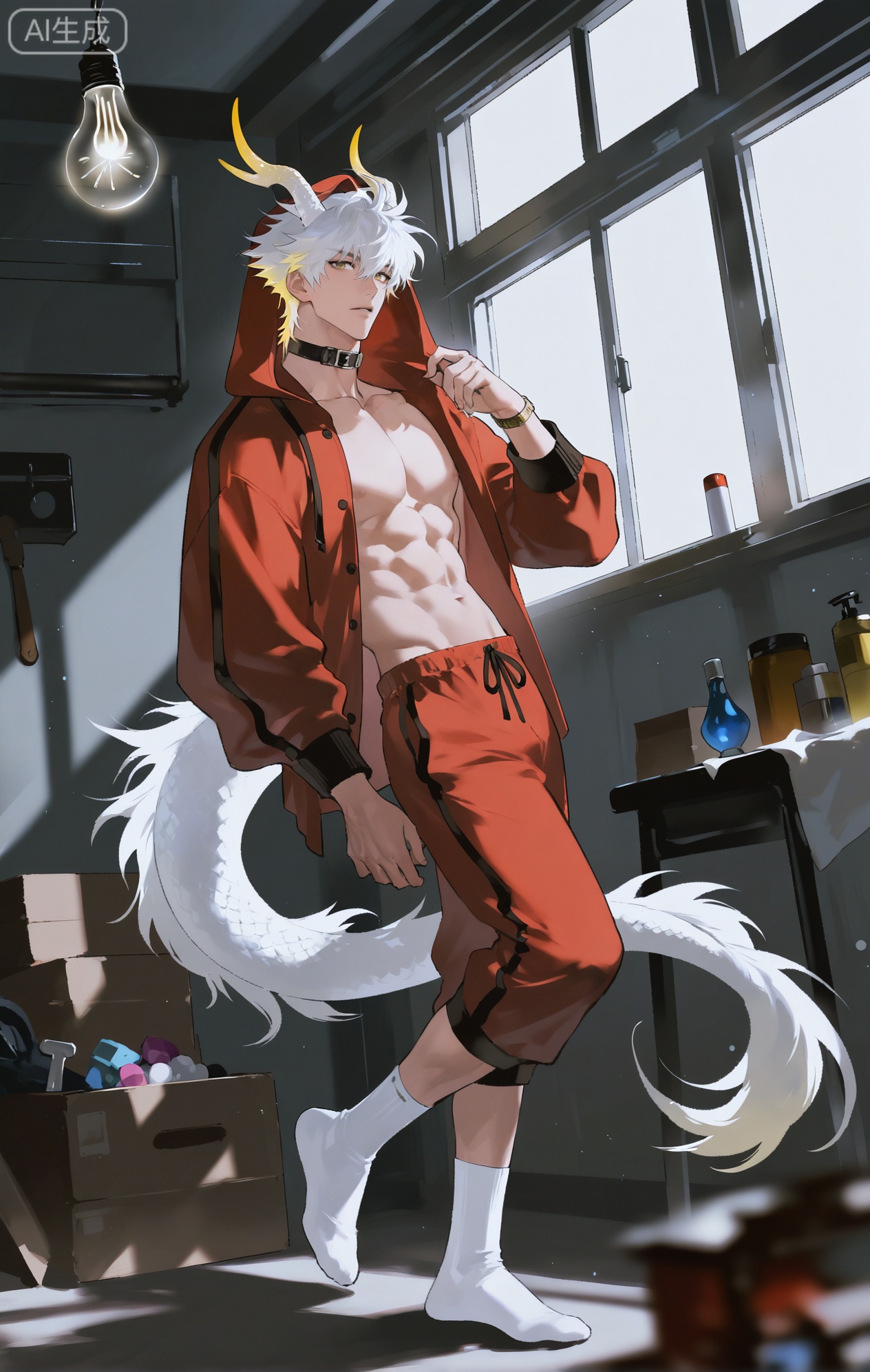 Small note art style,,xiaozhitiao,yu xuan,multicolored hair,White dragon tail,White dragon horns,yellow eyes,white hair,blonde hair,1boy,bangs ,socks,white socks,dianmei (artist:mazjojo:0.53),(artist:pigeon666:0.37),(artist:zawar379:0.57),(artist:remsrar:0.35),(artist:yoneyama mai:0.64),(yokoyari mengo:0.6),1boy,male focus,solo,short, messy hair,hooded pajamas,hood up, a plaid scarf in red and black around his neck, muscular abs on display as he stands in a cluttered storage room. He's sorting through boxes filled with old toys, tools, and knick - knacks. There's a cobweb in one corner, and a single lightbulb hanging from the ceiling provides a dim, yellowish light.