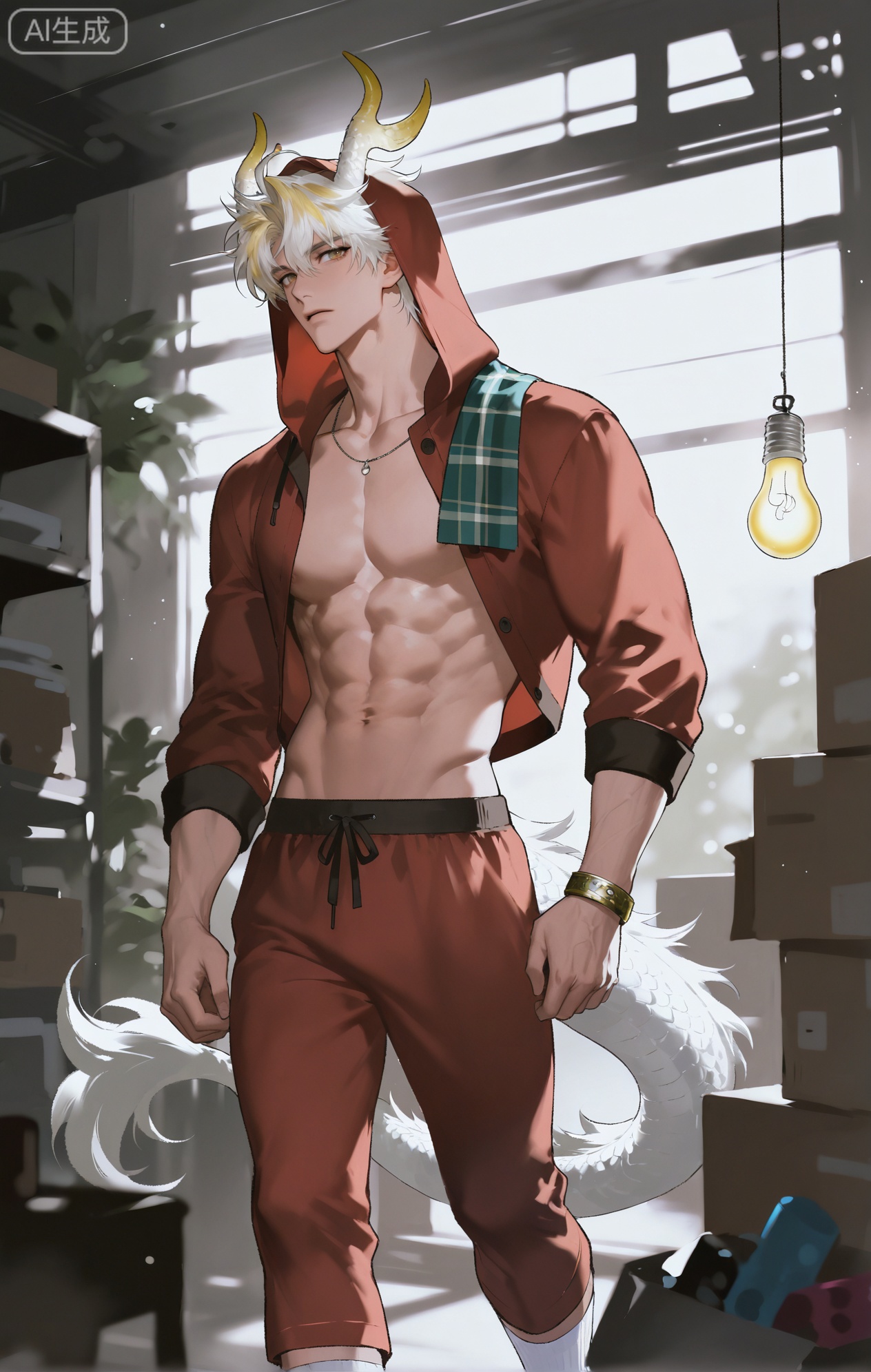 Small note art style,,xiaozhitiao,yu xuan,multicolored hair,White dragon tail,White dragon horns,yellow eyes,white hair,blonde hair,1boy,bangs ,socks,white socks,dianmei (artist:mazjojo:0.53),(artist:pigeon666:0.37),(artist:zawar379:0.57),(artist:remsrar:0.35),(artist:yoneyama mai:0.64),(yokoyari mengo:0.6),1boy,male focus,solo,short, messy hair,hooded pajamas,hood up, a plaid scarf in red and black around his neck, muscular abs on display as he stands in a cluttered storage room. He's sorting through boxes filled with old toys, tools, and knick - knacks. There's a cobweb in one corner, and a single lightbulb hanging from the ceiling provides a dim, yellowish light.