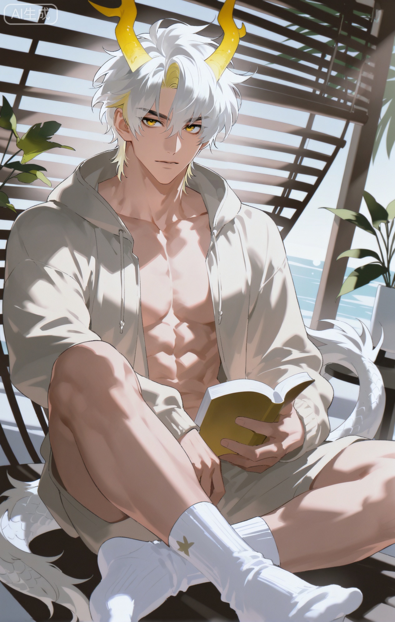 Small note art style,,xiaozhitiao,yu xuan,multicolored hair,White dragon tail,White dragon horns,yellow eyes,white hair,blonde hair,1boy,bangs
,socks,white socks,dianmei

(artist:mazjojo:0.53),(artist:pigeon666:0.37),(artist:zawar379:0.57),(artist:remsrar:0.35),(artist:yoneyama mai:0.64),(yokoyari mengo:0.6),1boy,male focus,solo,medium - length wavy hair,hooded pajamas,hood down, a light - brown knitted scarf draped over his shoulders, his toned abs visible as he dozes off in a hammock on a wooden patio. The hammock is strung between two posts, and there's a small side table with a half - read book and a glass of lemonade. Potted ferns line the edges of the patio, and the afternoon sun casts a warm, yellow glow.