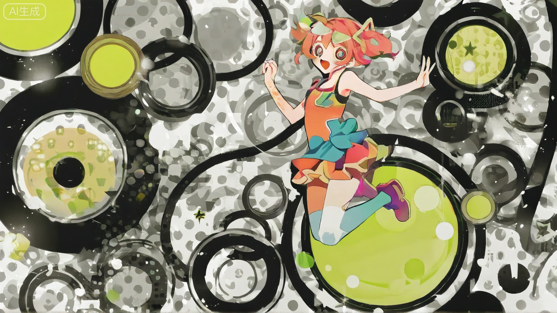 1 kawaii anime yello hair girl jumping in the picture , Frutiger Metro,vibrant,circles and rings,intricate dots and swirls,visually striking,black swirls and curves,dynamic swirling patterns,sense of movement, polka dots,varying dot sizes,unique and captivating abstract image,anime,illustration,abstract design