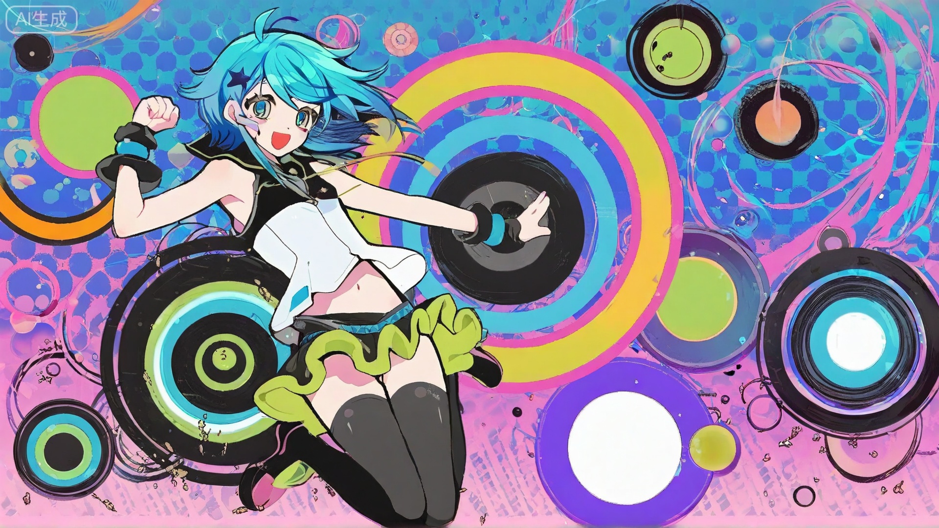 1 kawaii anime blue hair girl jumping in the picture , Frutiger Metro,vibrant,circles and rings,intricate dots and swirls,visually striking,black swirls and curves,dynamic swirling patterns,sense of movement, polka dots,varying dot sizes,unique and captivating abstract image,anime