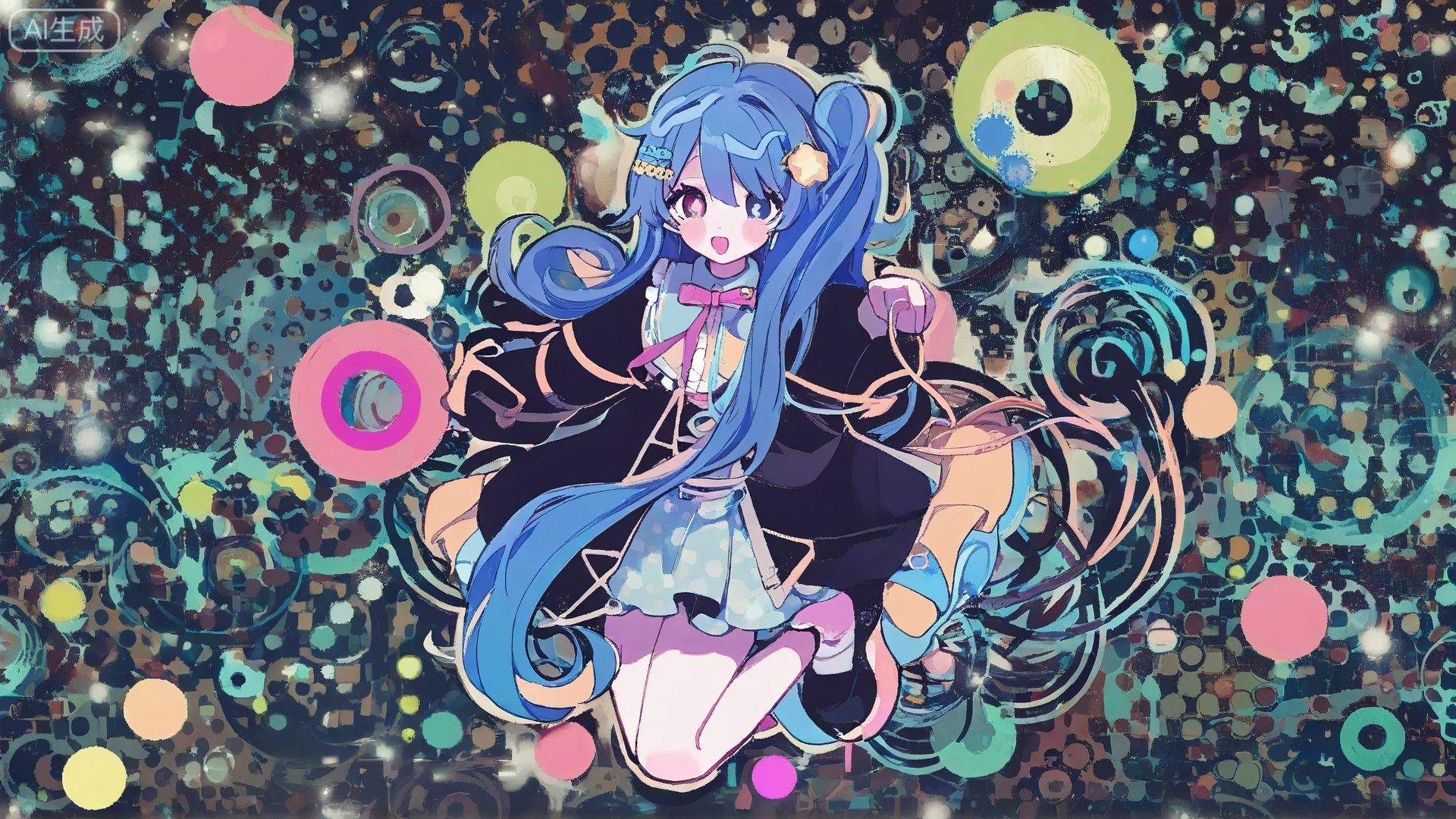 1 kawaii anime blue hair girl jumping in the picture , Frutiger Metro,vibrant,circles and rings,intricate dots and swirls,visually striking,black swirls and curves,dynamic swirling patterns,sense of movement, polka dots,varying dot sizes,unique and captivating abstract image,anime